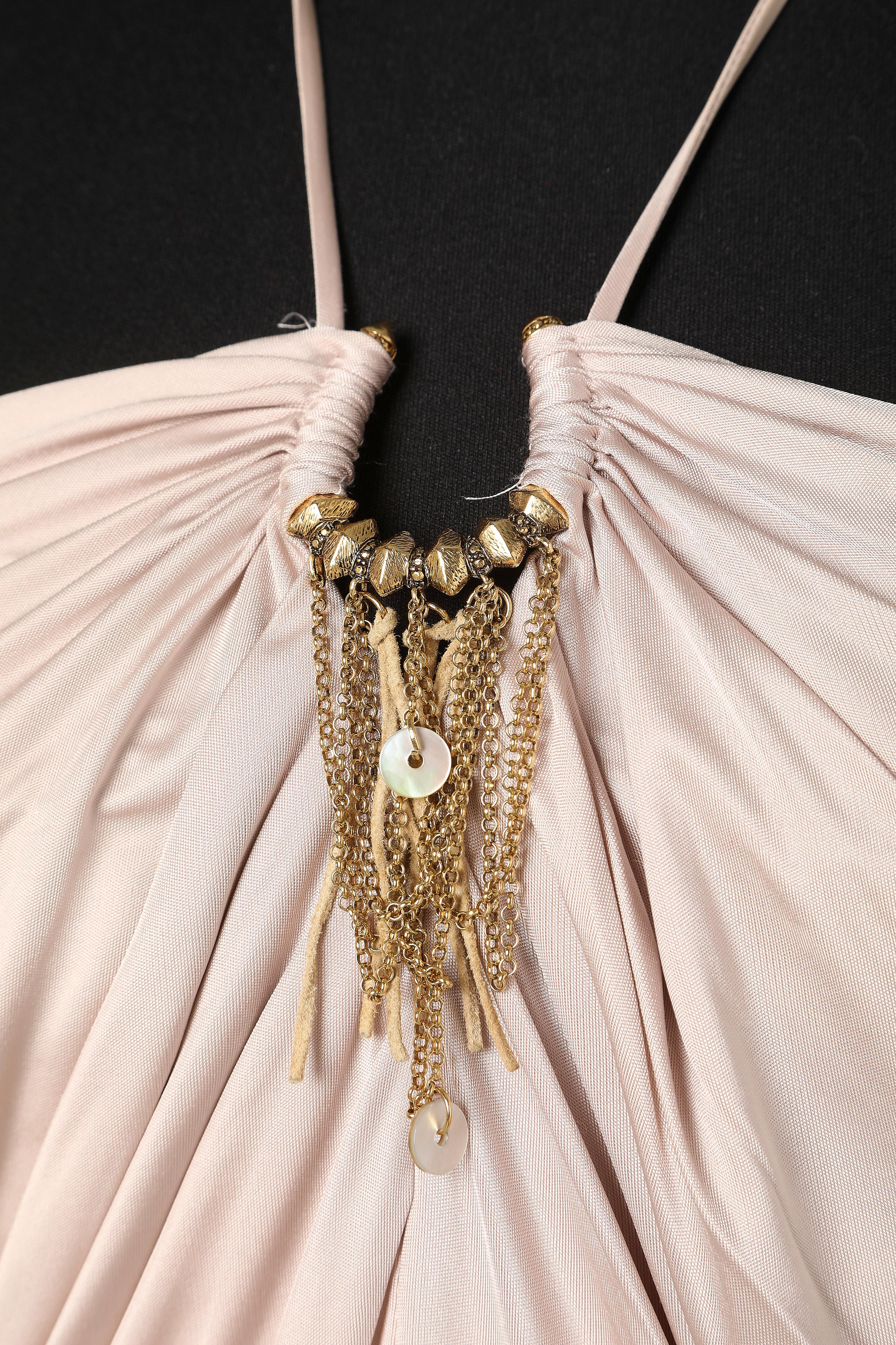 Pale pink bustier jersey dress with silver chain on the cut off like a neckless effect. 