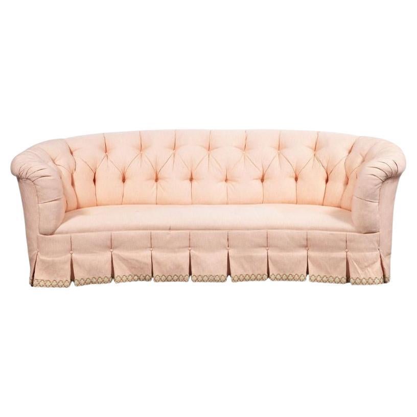 Pale Pink Button Tufted Upholstered Sofa With Pleated Skirt For Sale