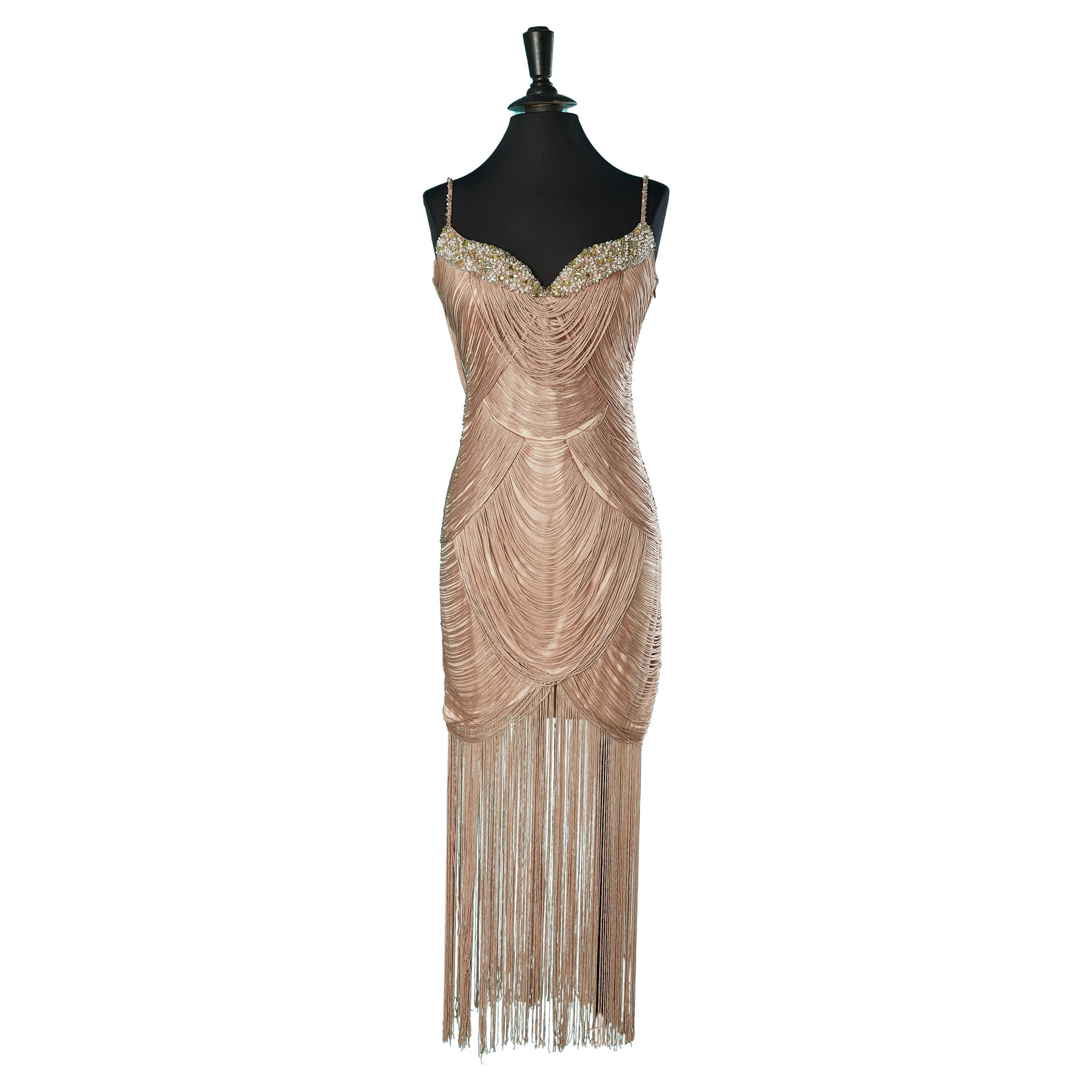 Pale pink cocktail dress made of threads and fringes Romeo Gigli Plus  For Sale