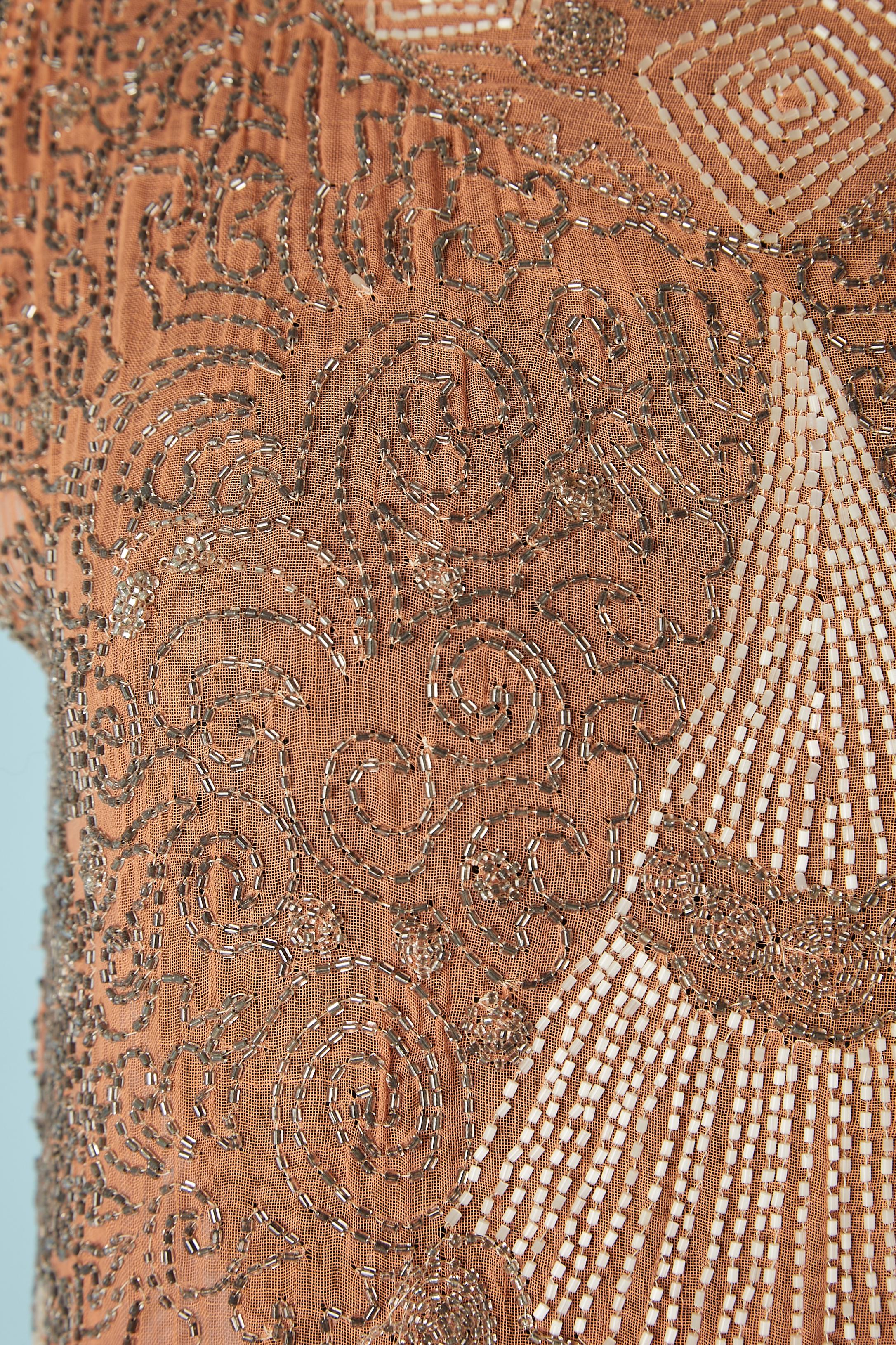 Brown Pale pink cocktail dress with white and silver glass beads embroideries 1925's 