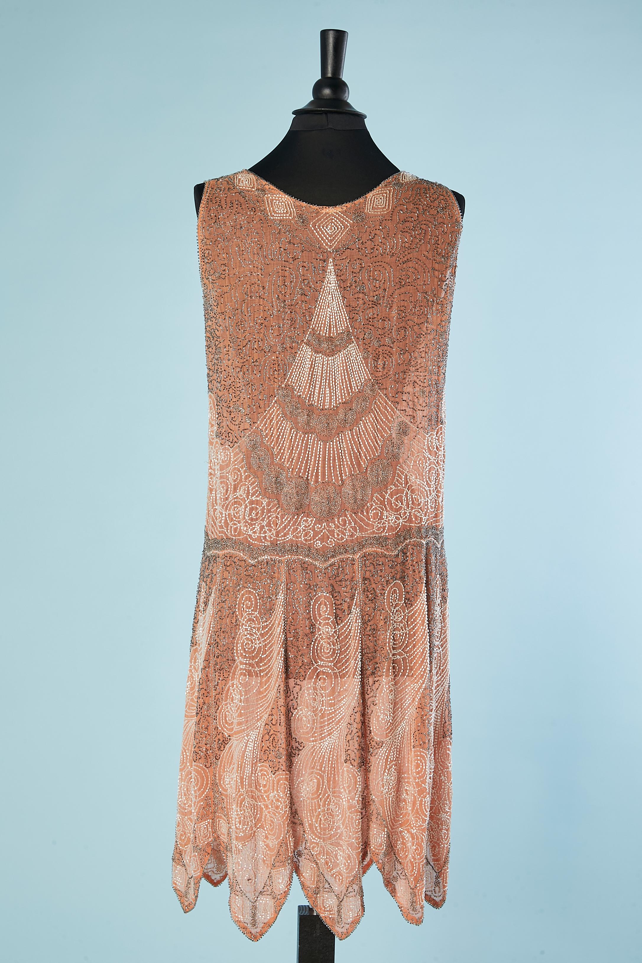 Pale pink cocktail dress with white and silver glass beads embroideries 1925's  3