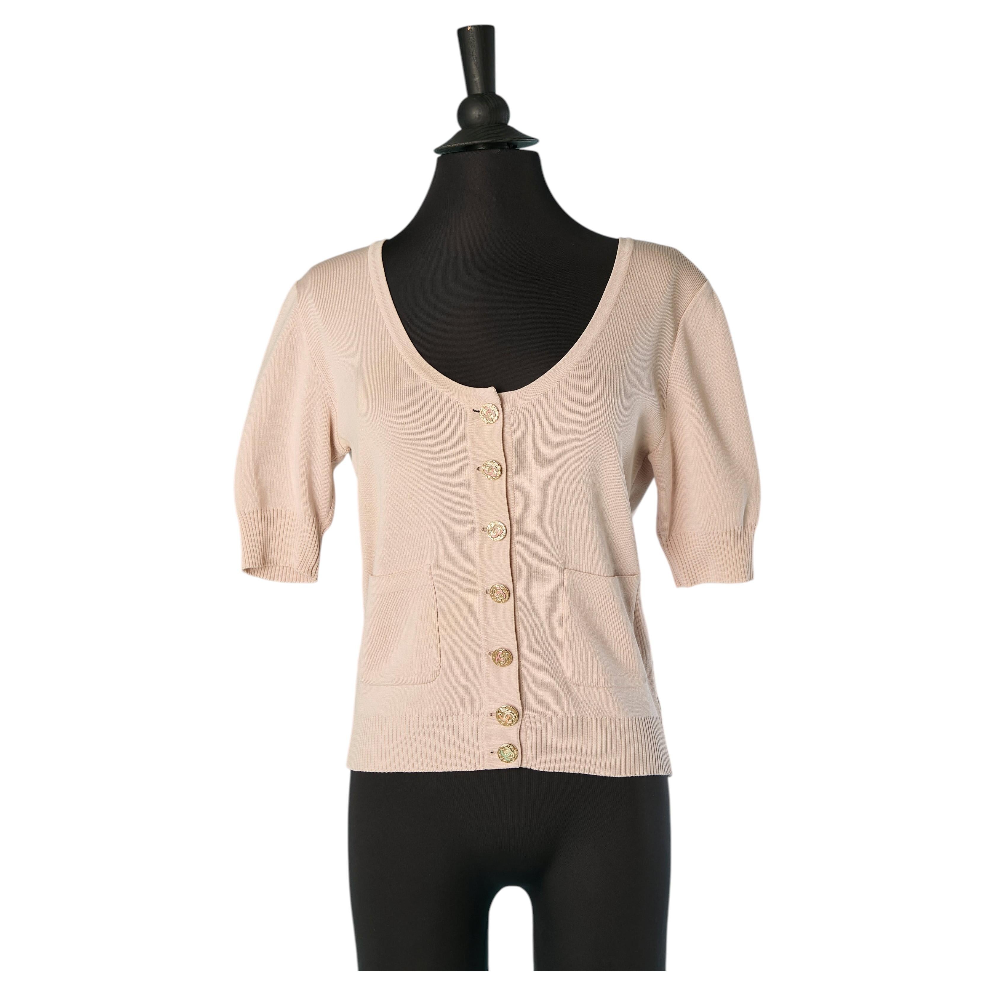 Cardigan en coton rose pâle à manches courtes, Chanel Boutique