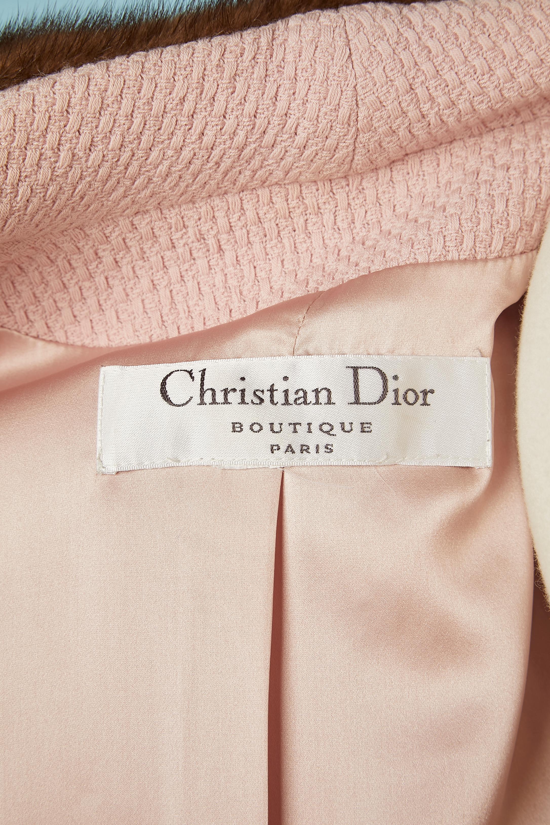 Pale pink cotton tweed double-breasted jacket with mink edge C.Dior Boutique  For Sale 2