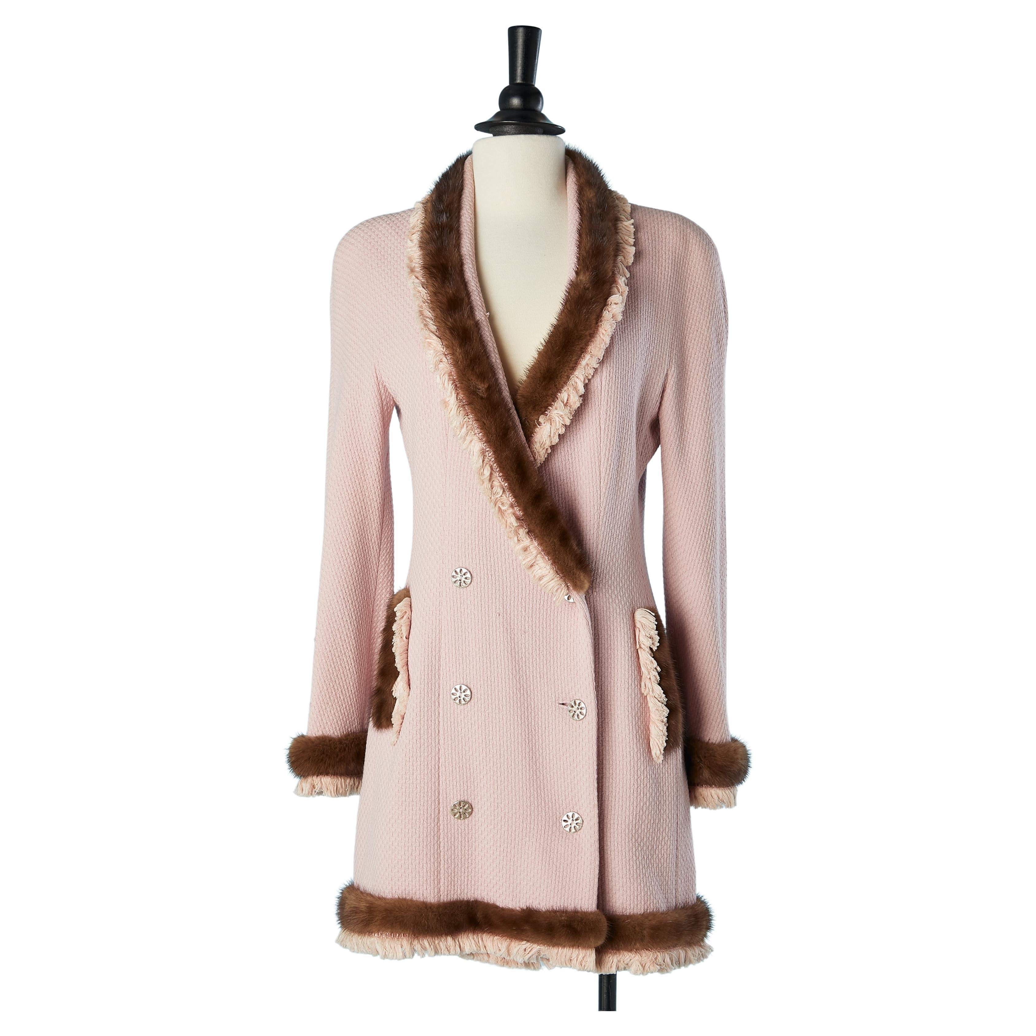 Pale pink cotton tweed double-breasted jacket with mink edge C.Dior Boutique  For Sale