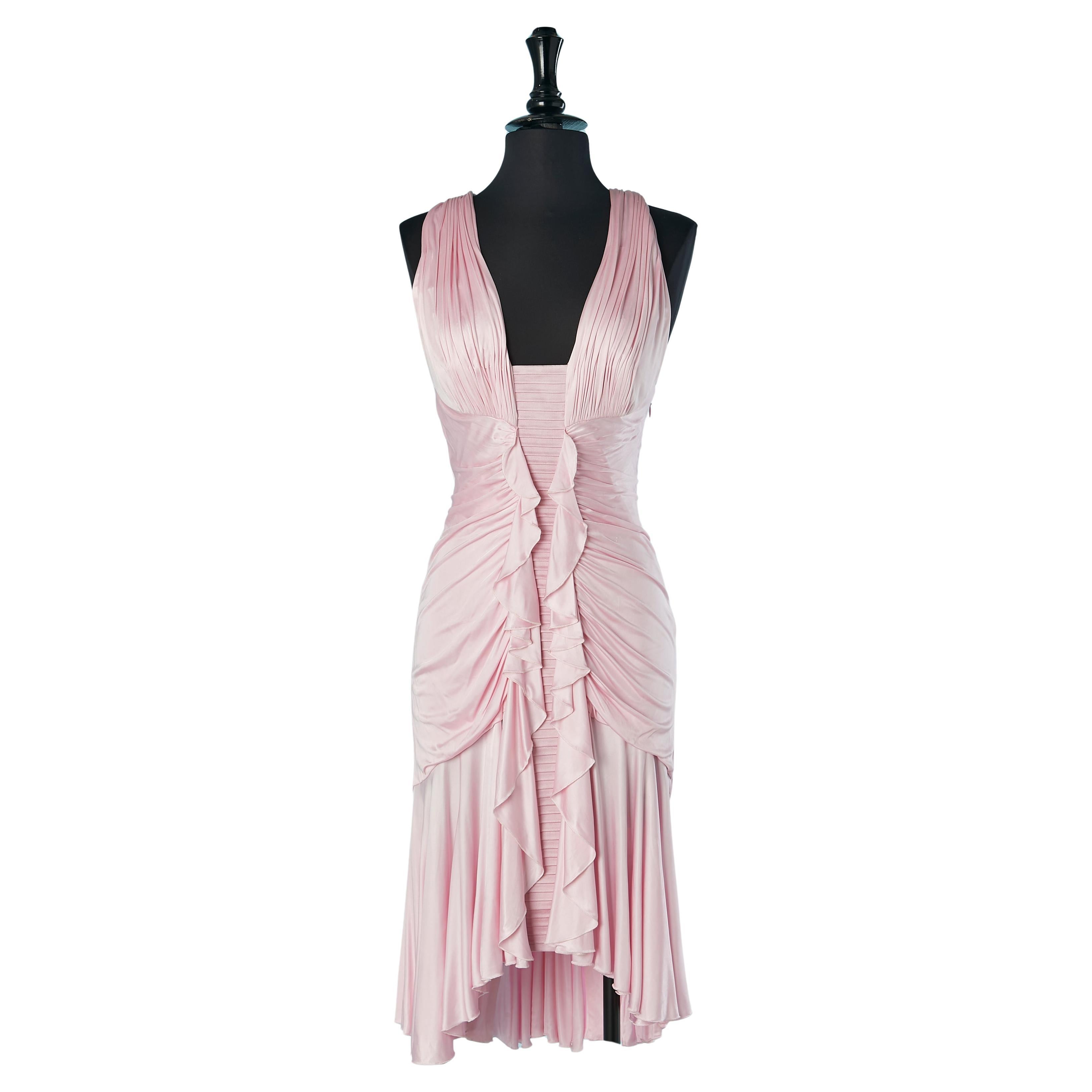 Pale pink draped rayon jersey cocktail dress with ruffles VERSACE