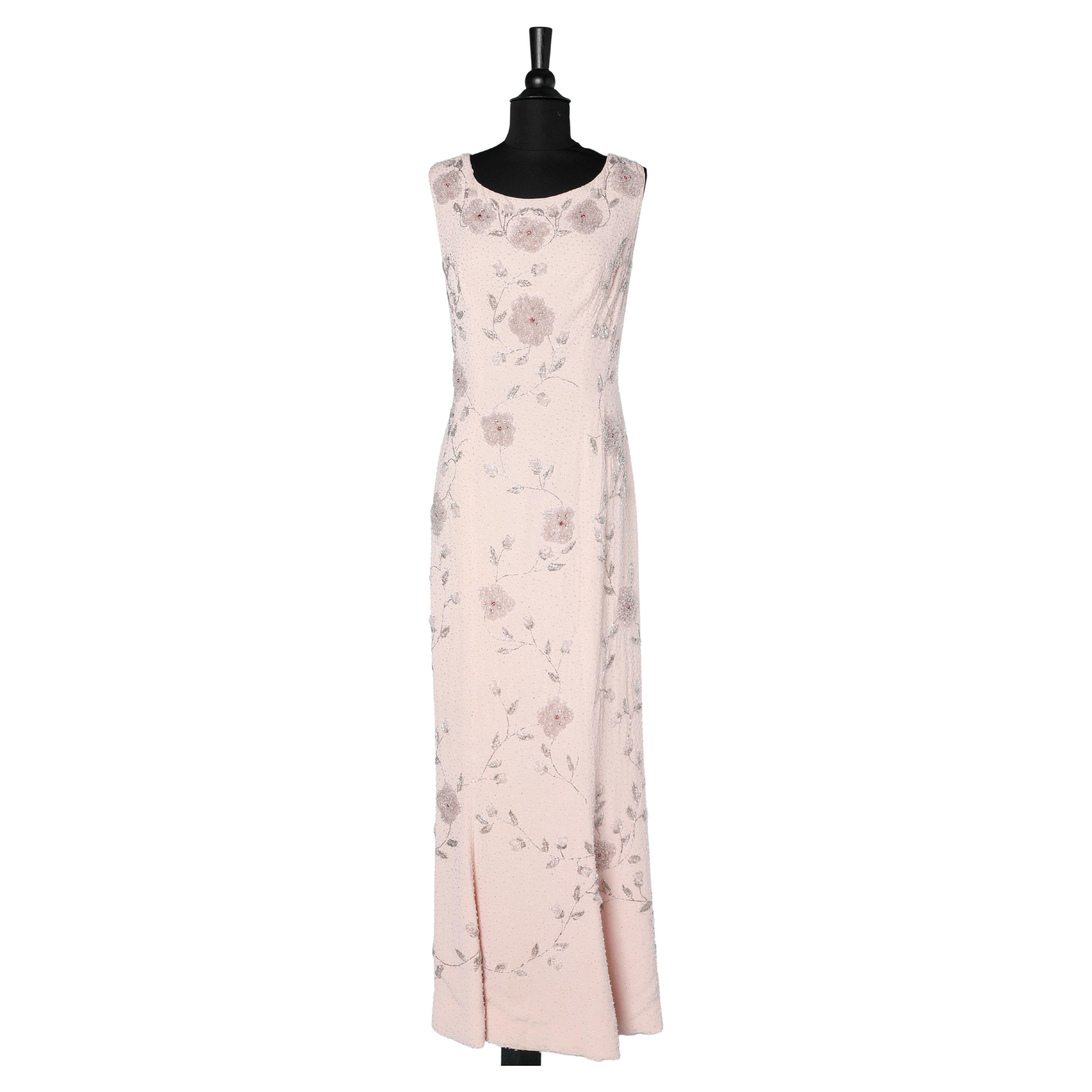 Pale pink evening dress with beadwork zip and rhinestone Margarets For Sale