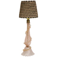 Vintage Pale Pink Hand Blown Murano Glass Lamp with Pleated Cotton Shade, circa 1930