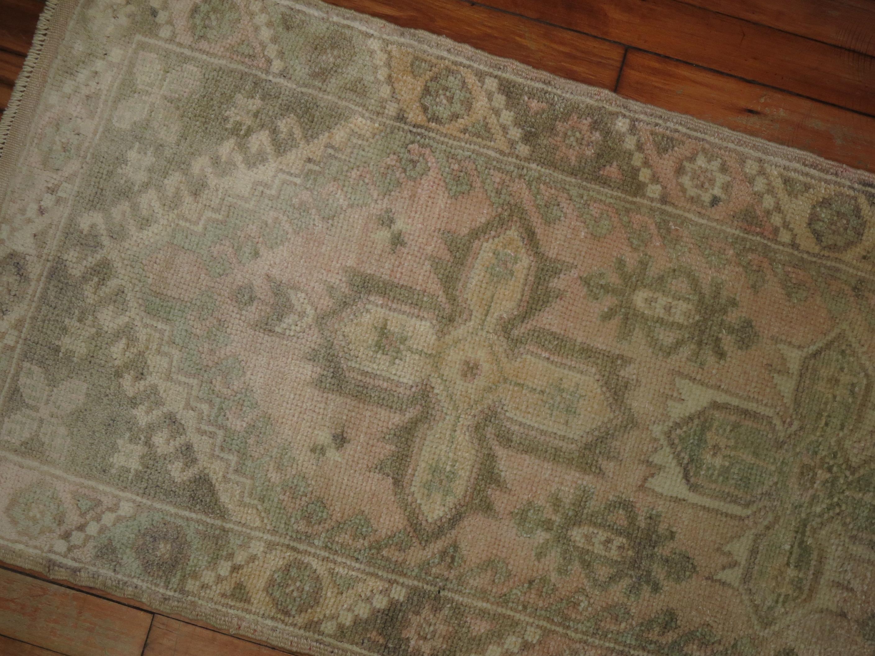Pale Pink Hand Knotted Turkish Narrow Short Oushak Runner In Good Condition In New York, NY
