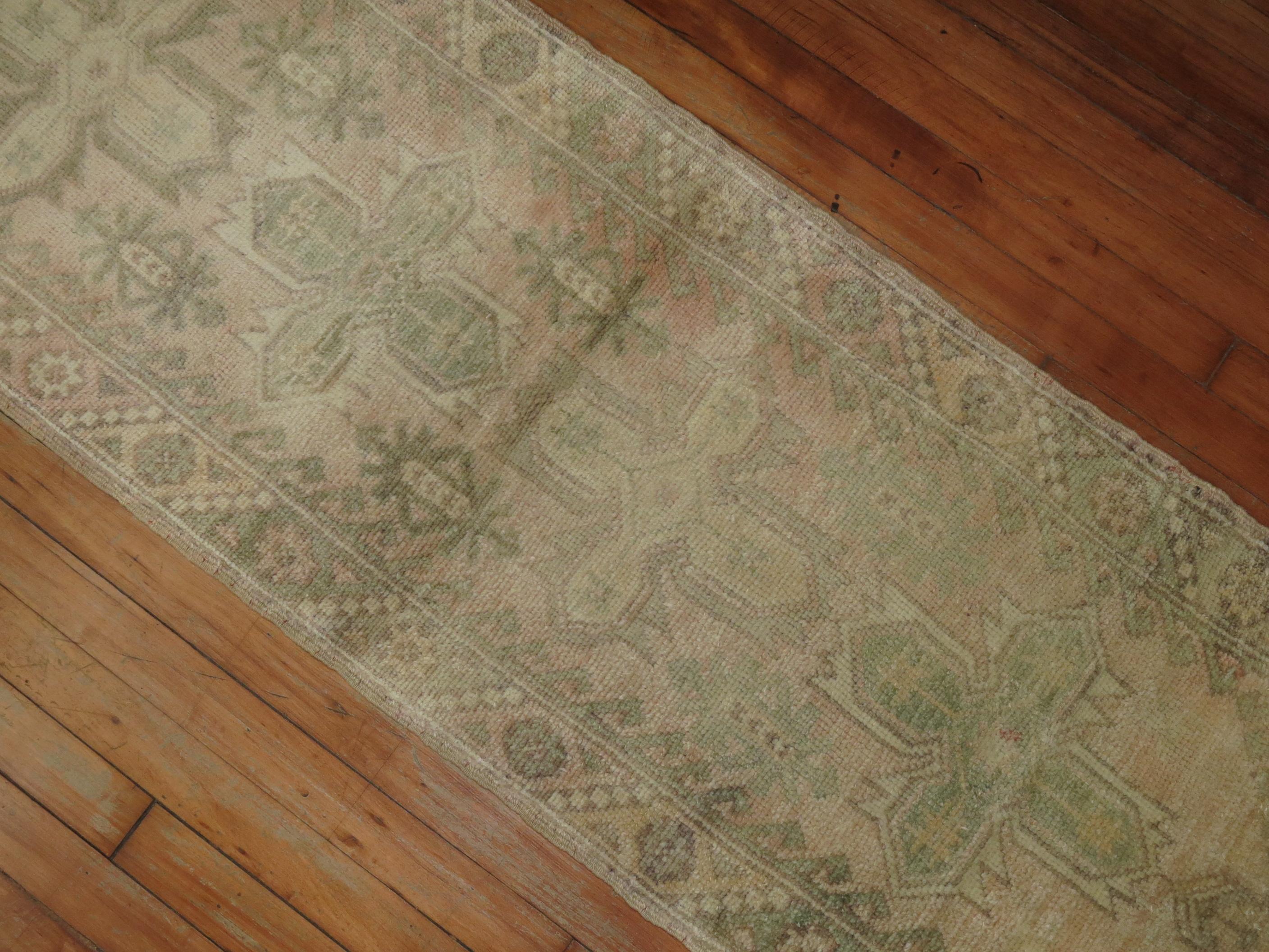 20th Century Pale Pink Hand Knotted Turkish Narrow Short Oushak Runner