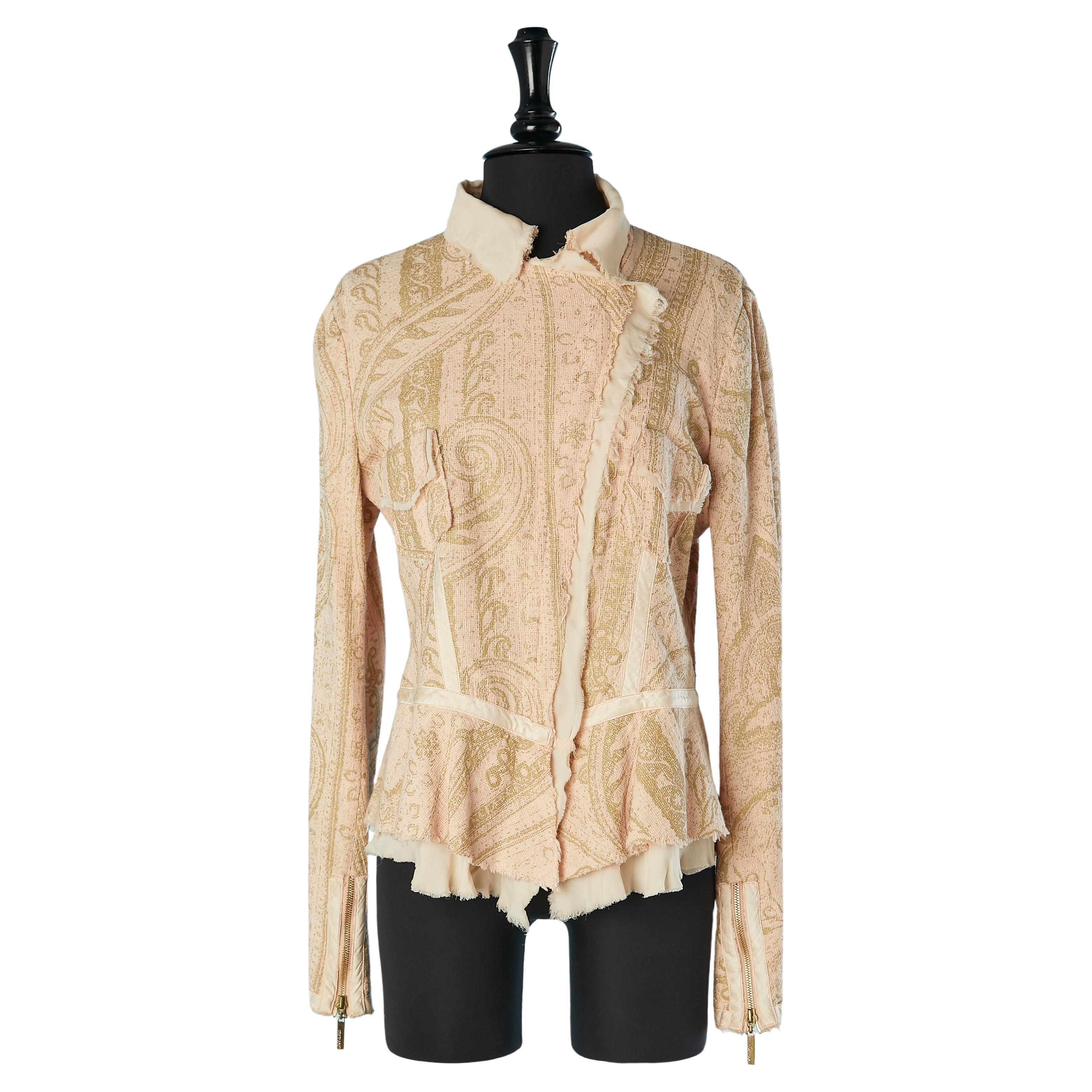 Pale pink jacket with gold print and front zip closure Roberto Cavalli  For Sale