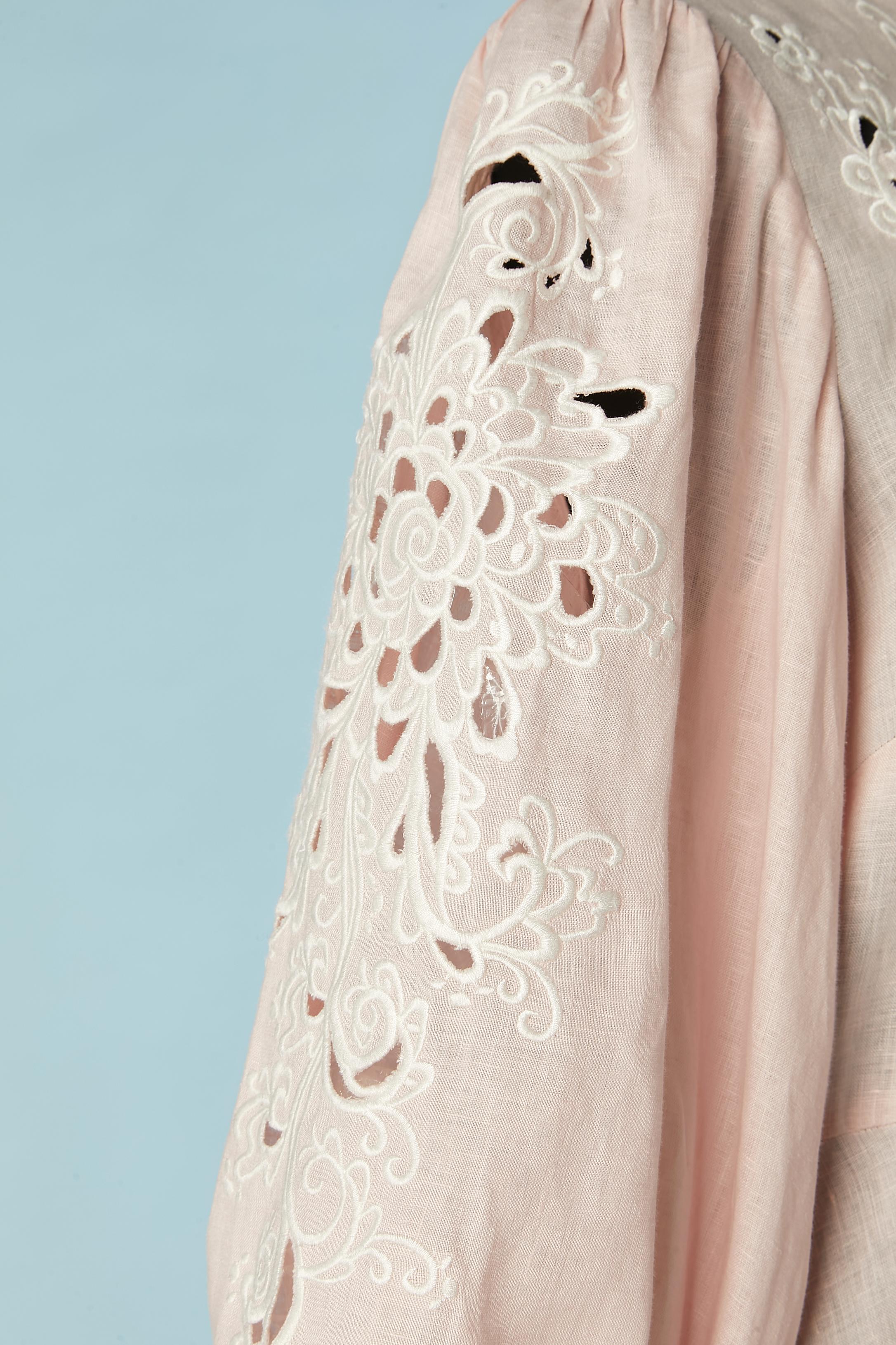 Women's pale pink linen dress with white thread embroideries and raffia button Zimmerman For Sale