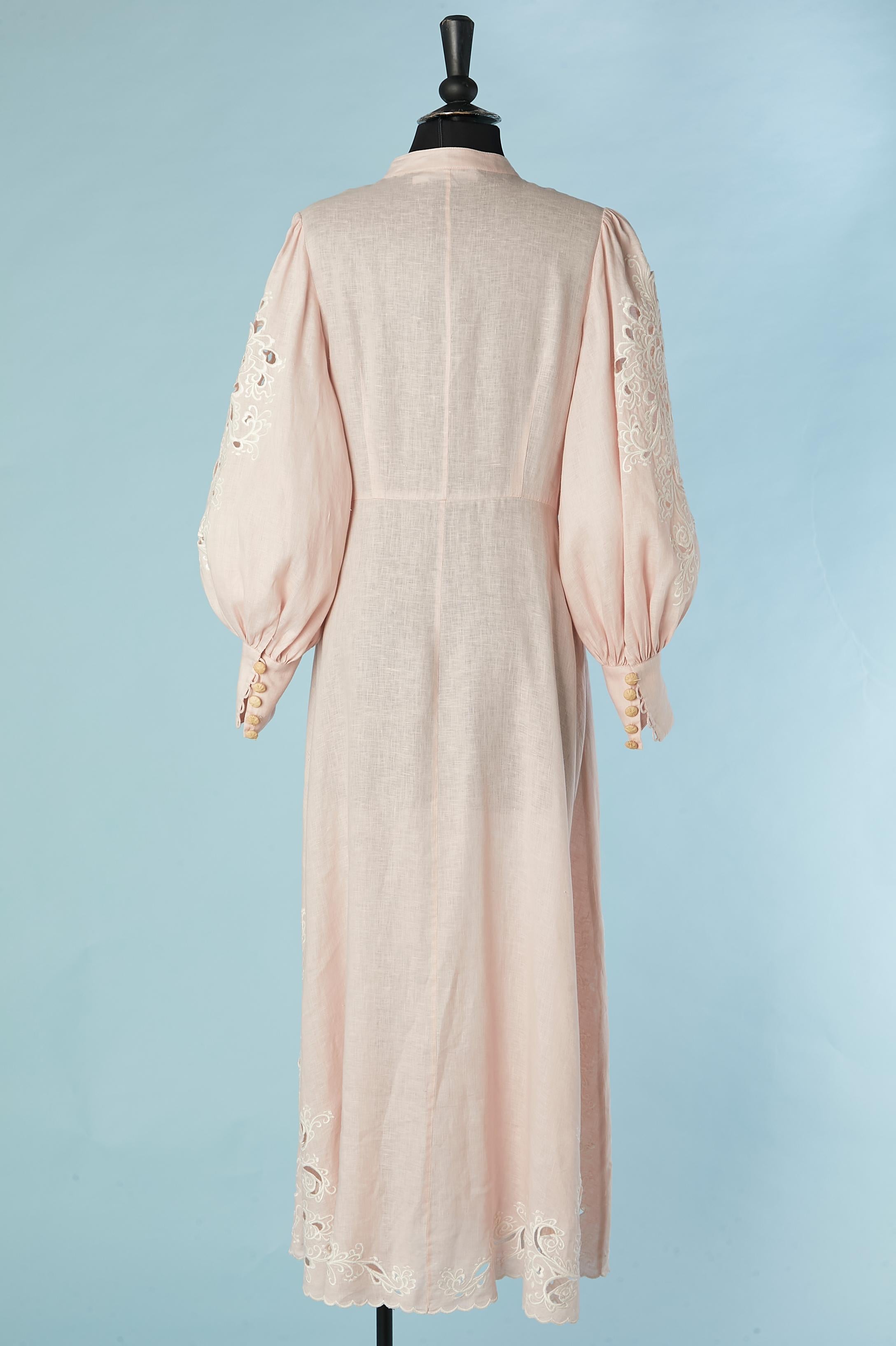 pale pink linen dress with white thread embroideries and raffia button Zimmerman For Sale 2