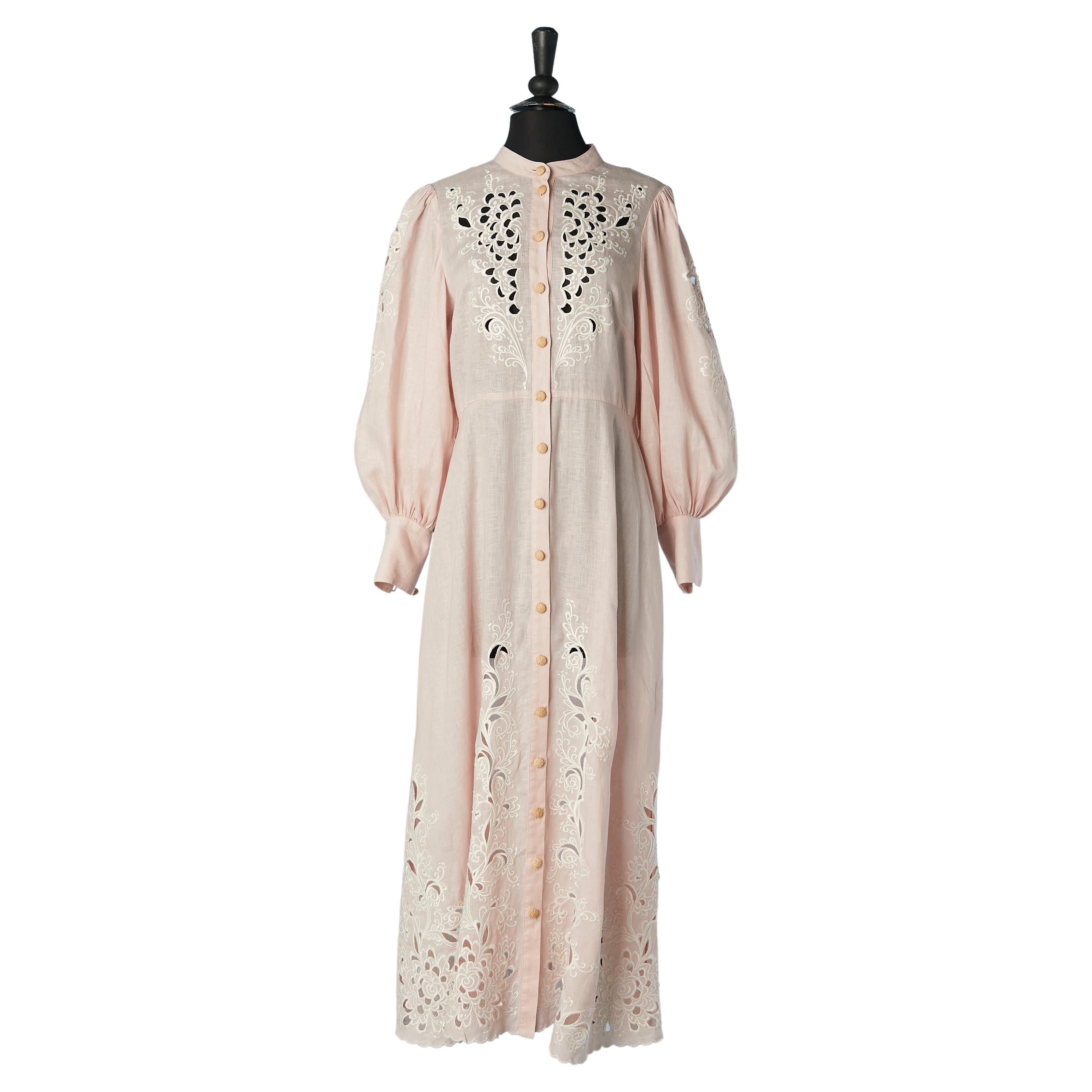 pale pink linen dress with white thread embroideries and raffia button Zimmerman For Sale