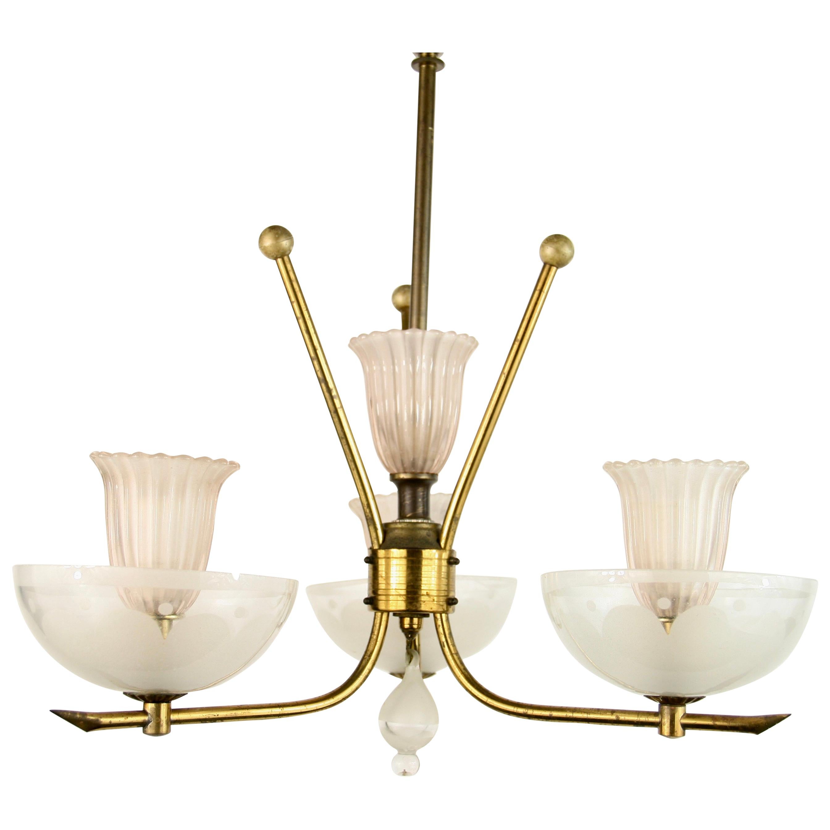 Pale Pink Muranno Glass and Brass 3-Light Chandelier