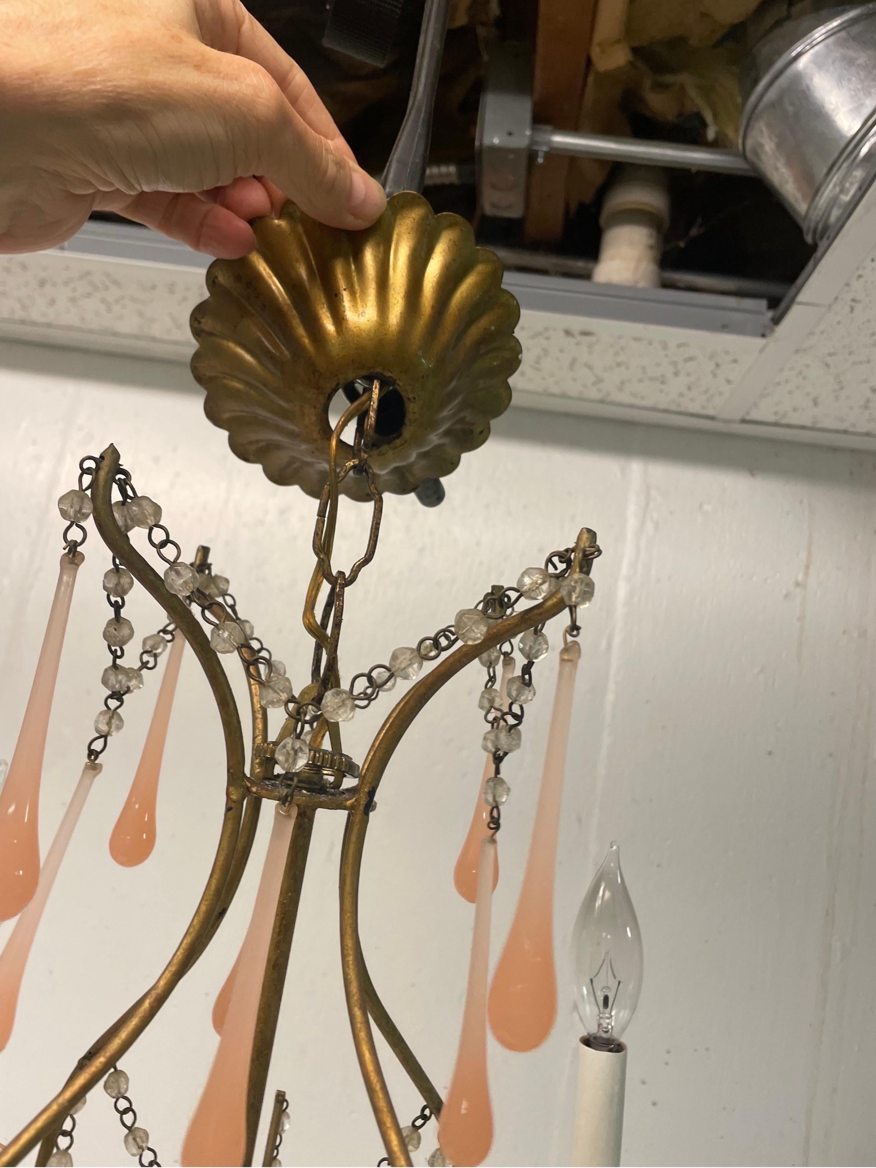 Pale pink Opaline and crystal gilt metal vintage chandelier  In Good Condition For Sale In Chicago, IL