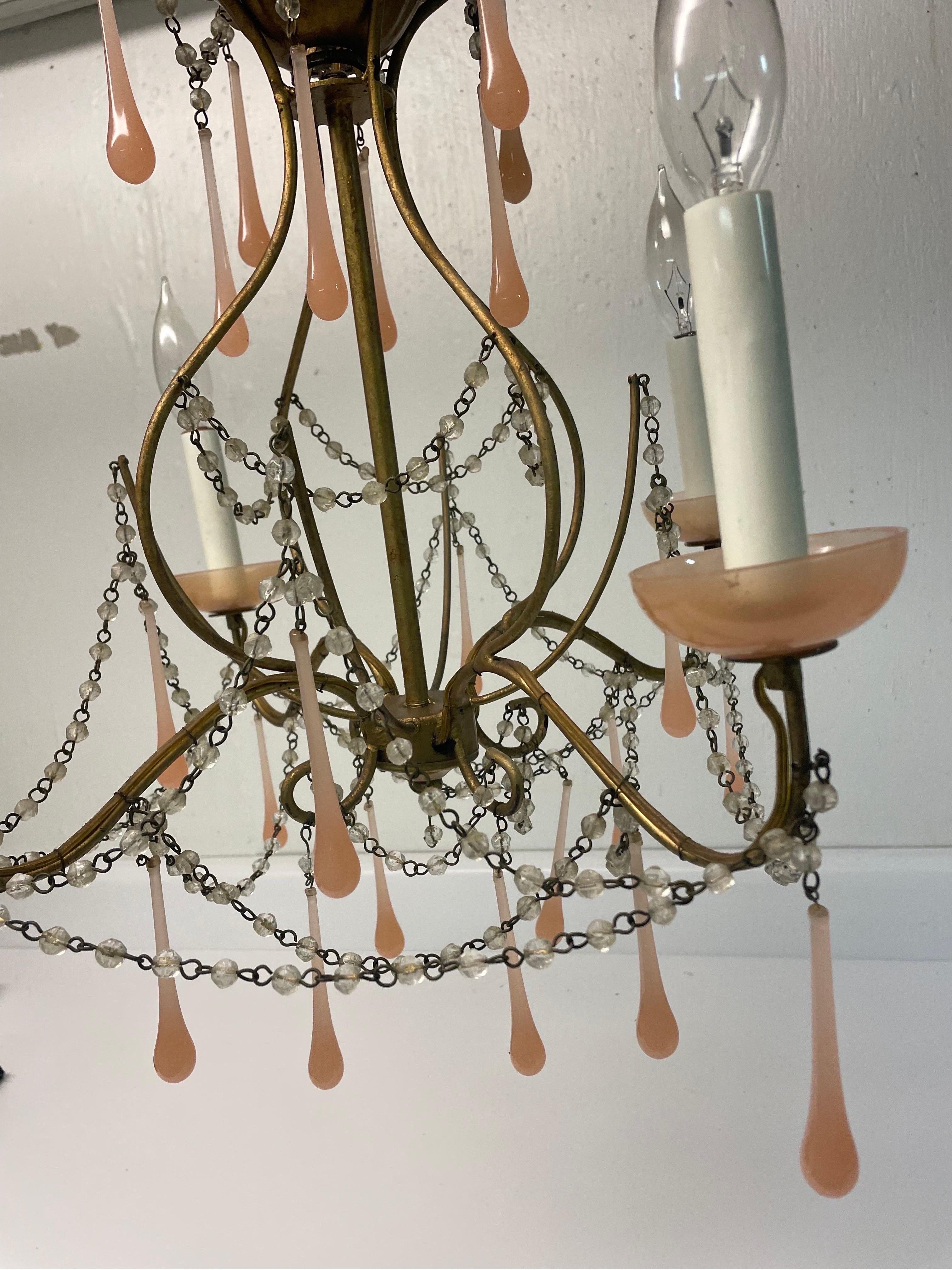 Mid-20th Century Pale pink Opaline and crystal gilt metal vintage chandelier  For Sale