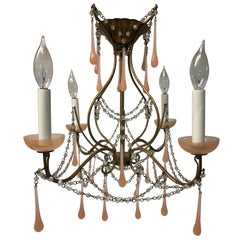 Pale pink Opaline and crystal gilt metal vintage chandelier