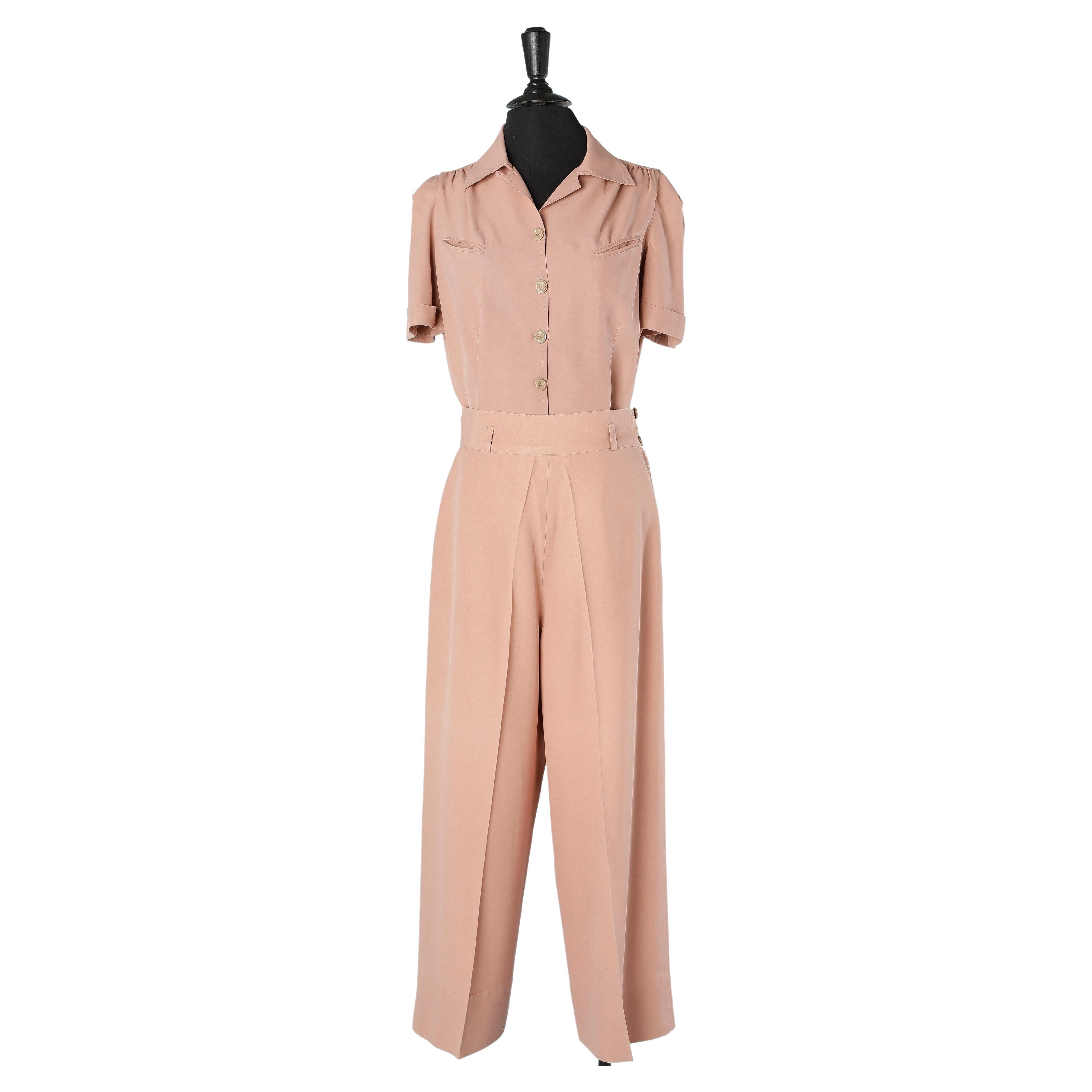 Pale pink rayon shirt and trouser ensemble Circa 1940's  For Sale