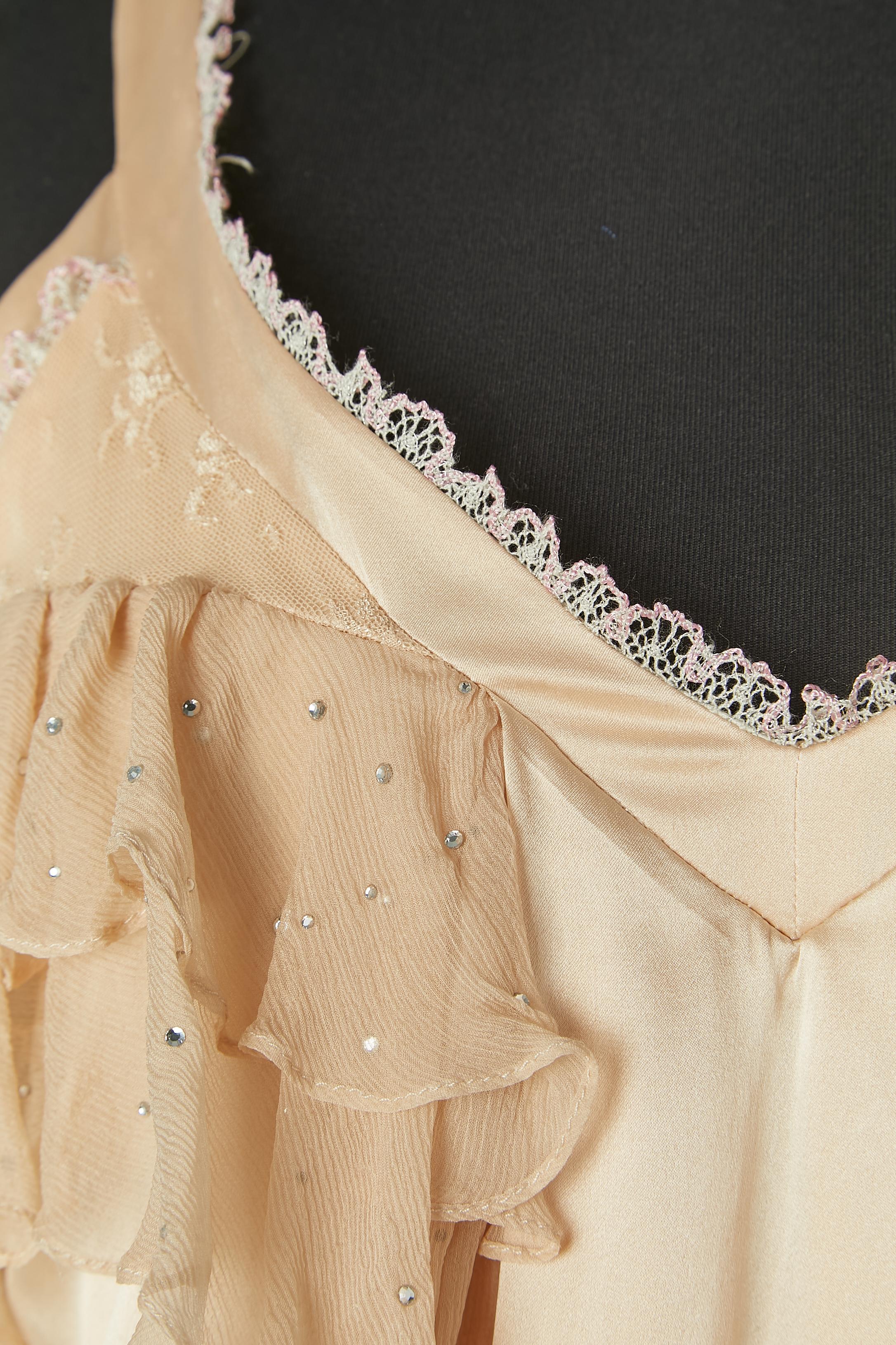 Beige Pale pink silk cocktail dress with lace details, ruffles and rhinestone GALLIANO For Sale