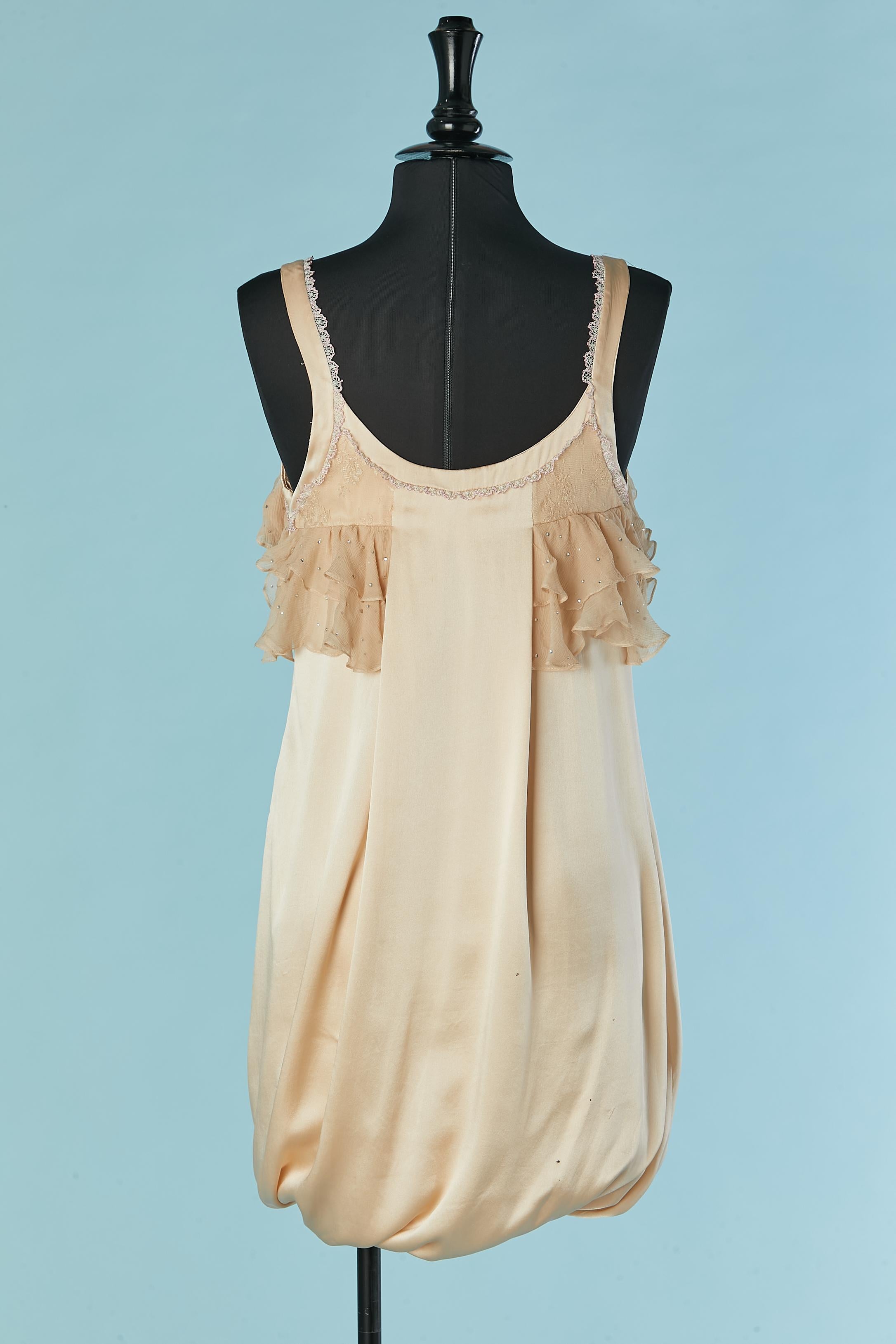 Women's Pale pink silk cocktail dress with lace details, ruffles and rhinestone GALLIANO For Sale