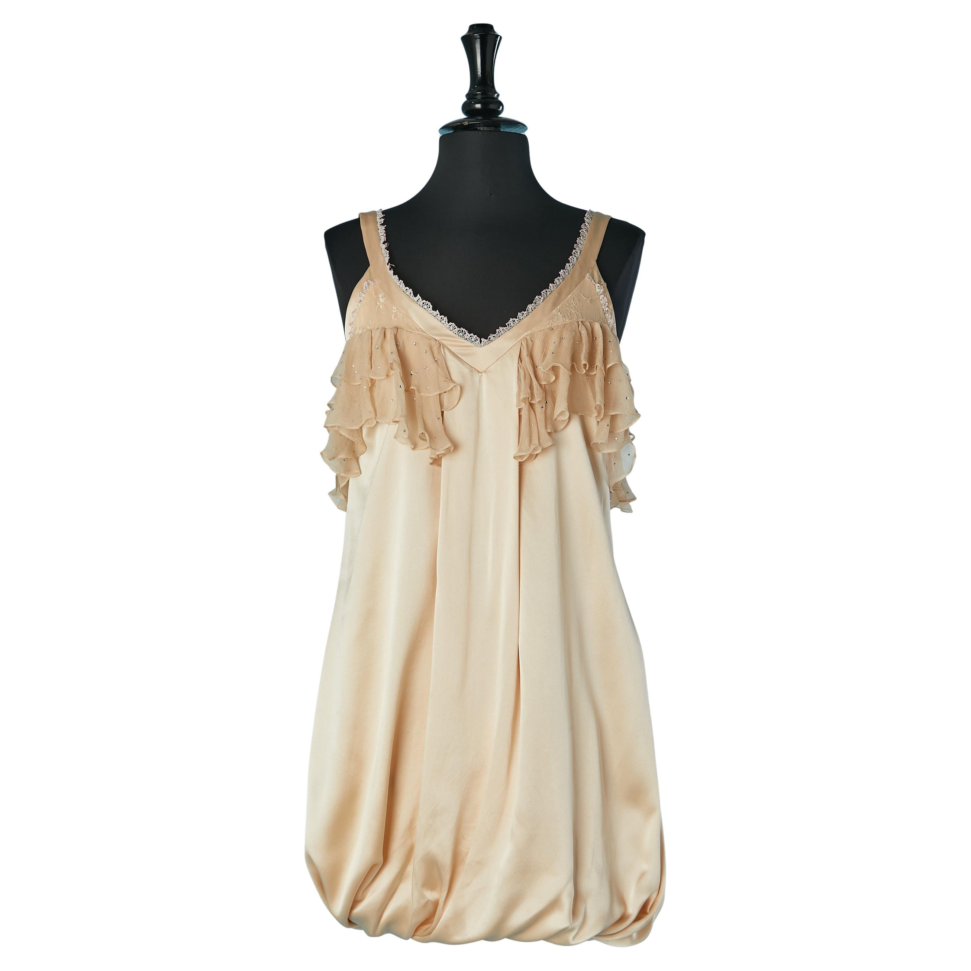 Pale pink silk cocktail dress with lace details, ruffles and rhinestone GALLIANO For Sale