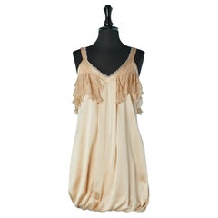 Pale pink silk cocktail dress with lace details, ruffles and rhinestone GALLIANO