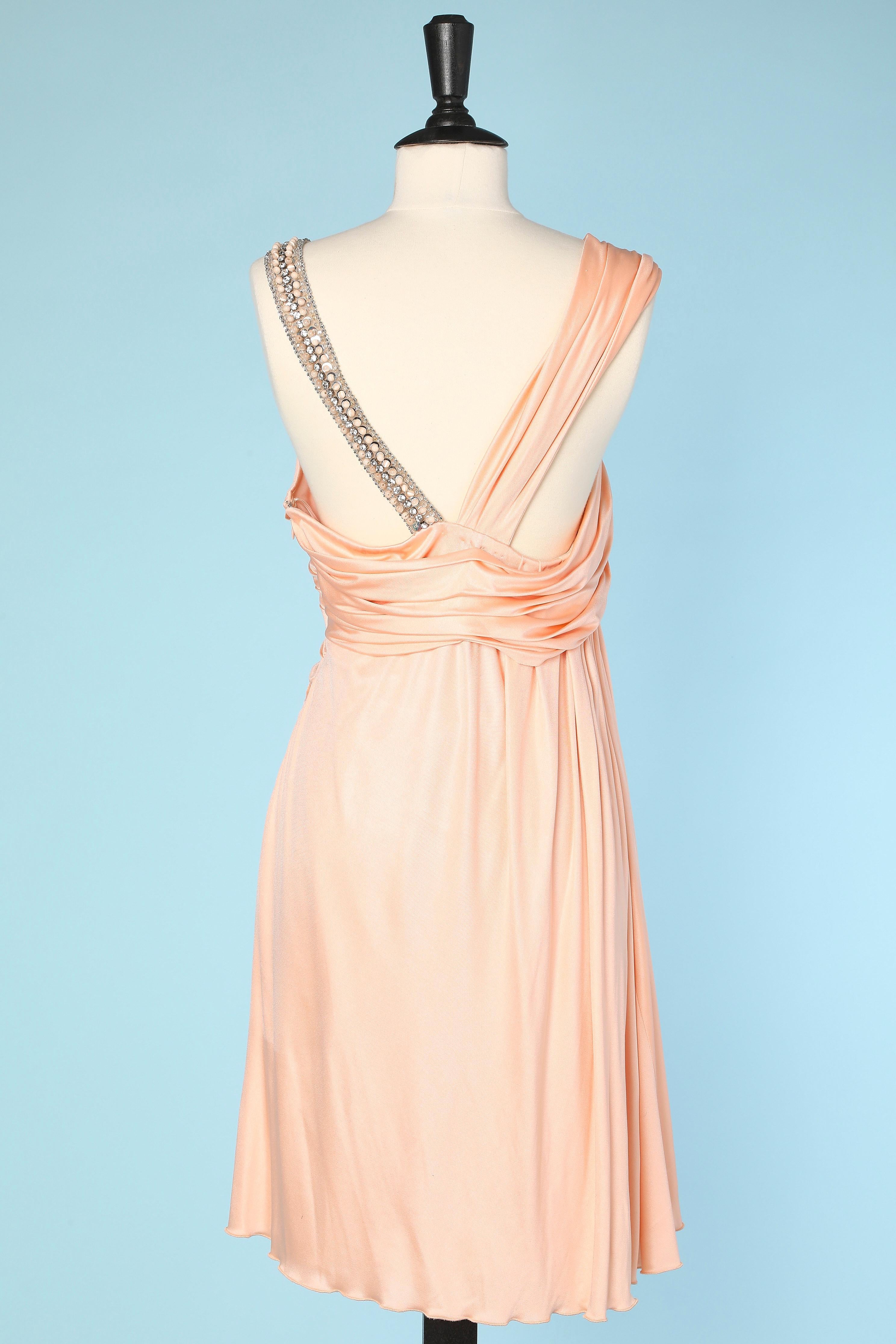 Pale pink silk jersey cocktail dress with rhinestone and beads strap Blumarine  For Sale 1