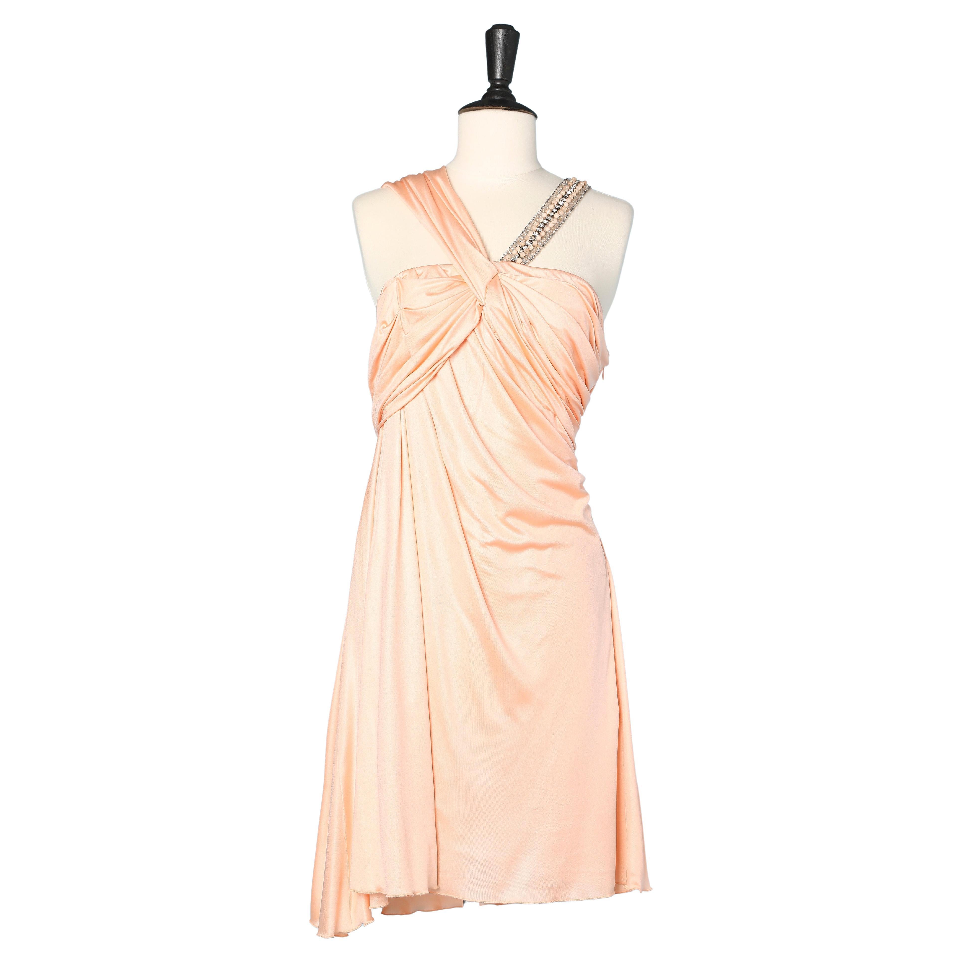 Pale pink silk jersey cocktail dress with rhinestone and beads strap Blumarine  For Sale