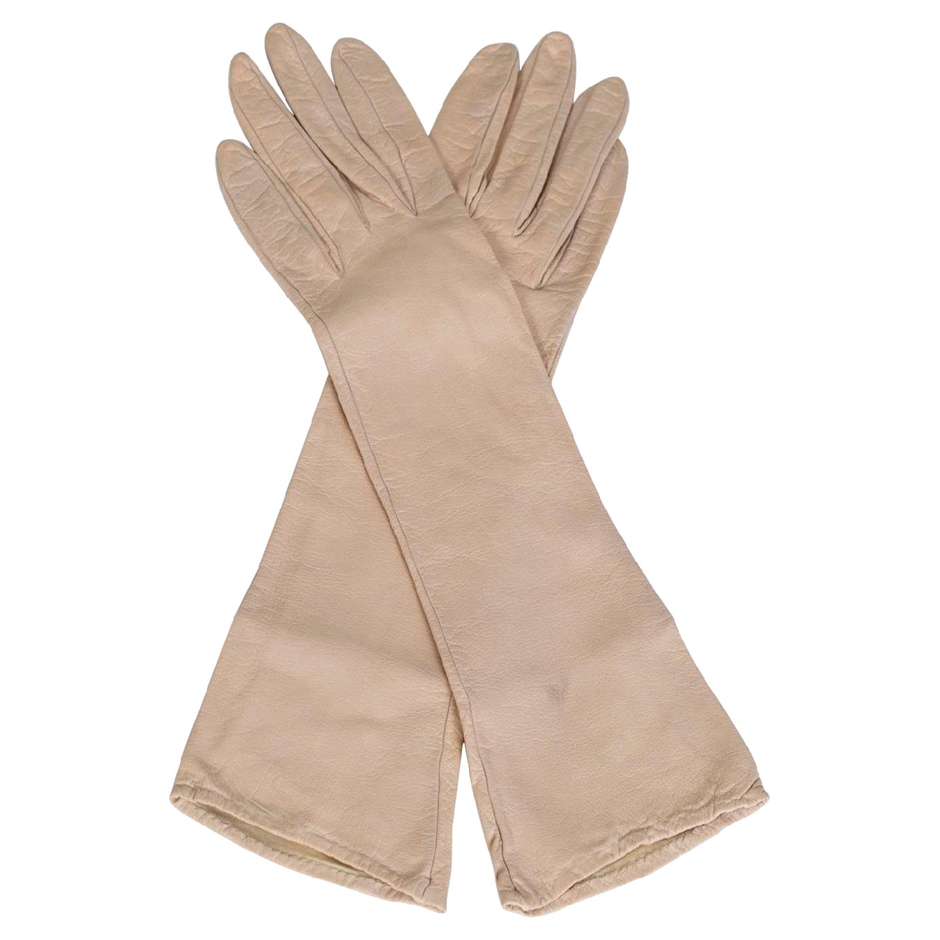 Guanti da sera con guanto da avambraccio in pelle di capretto foderati di seta rosa pallido-XS-S, 1950s