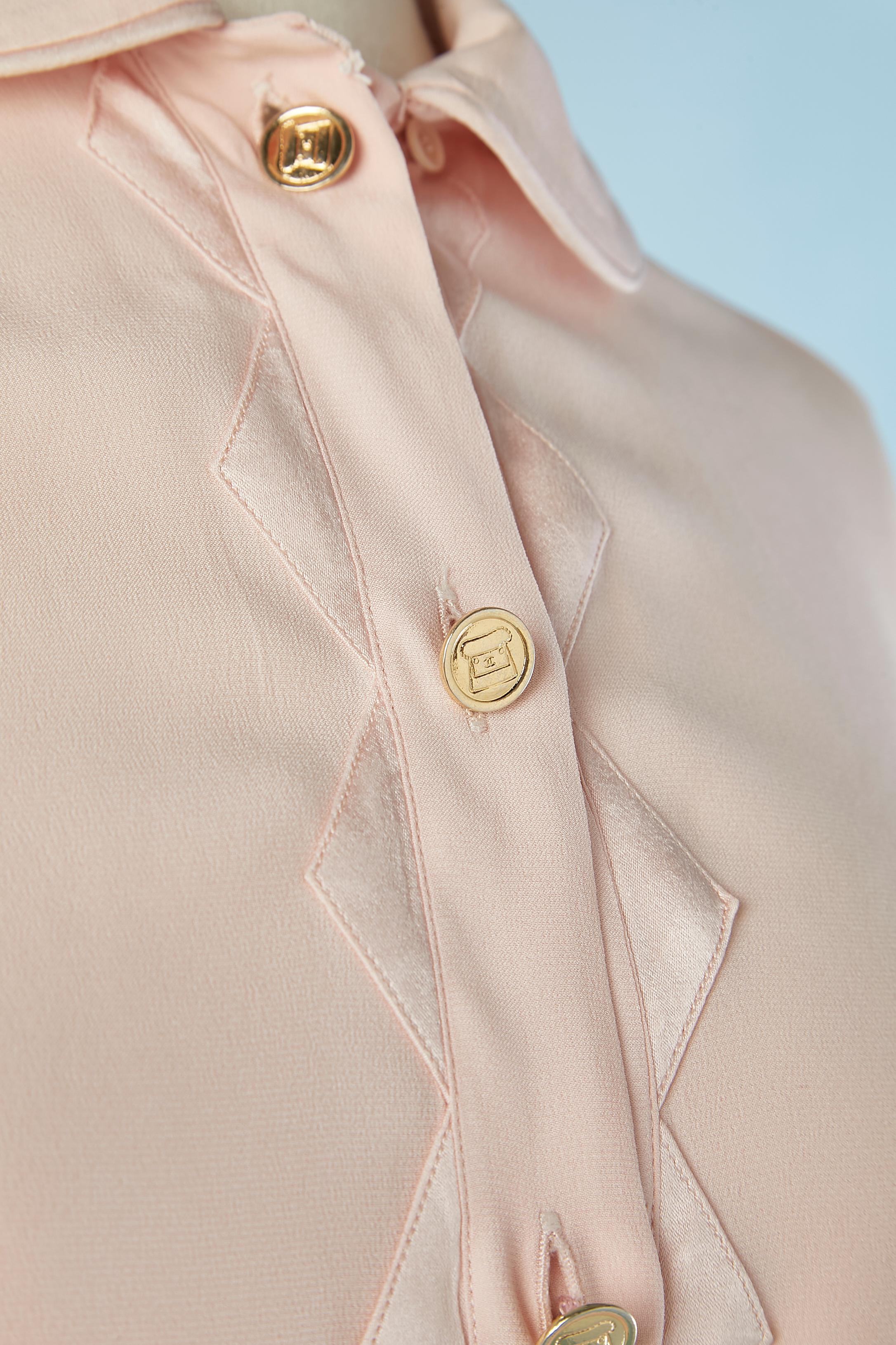 Beige Pale pink silk shirt with silk appliqué on the button tab and cuff Chanel For Sale