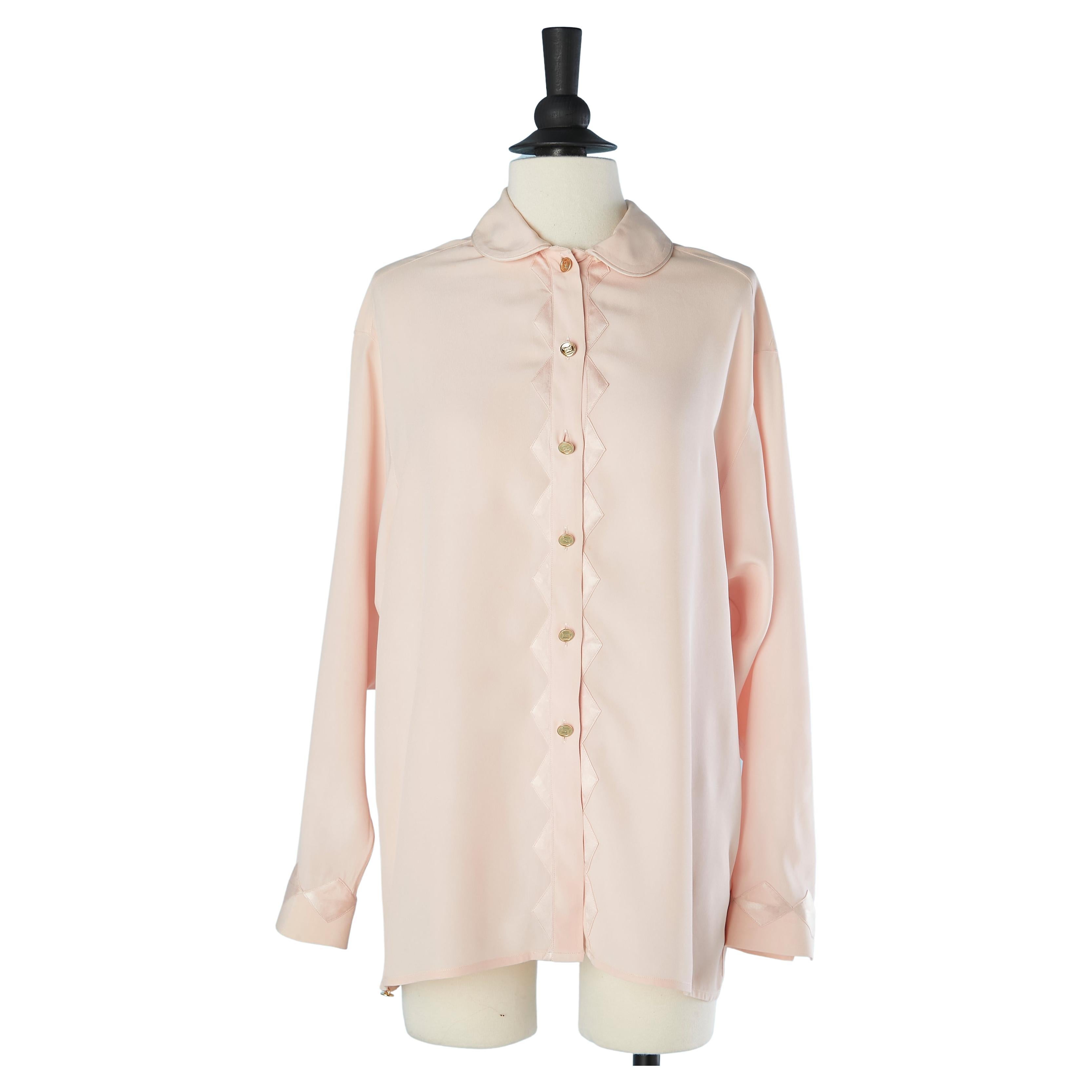 Pale pink silk shirt with silk appliqué on the button tab and cuff Chanel  For Sale