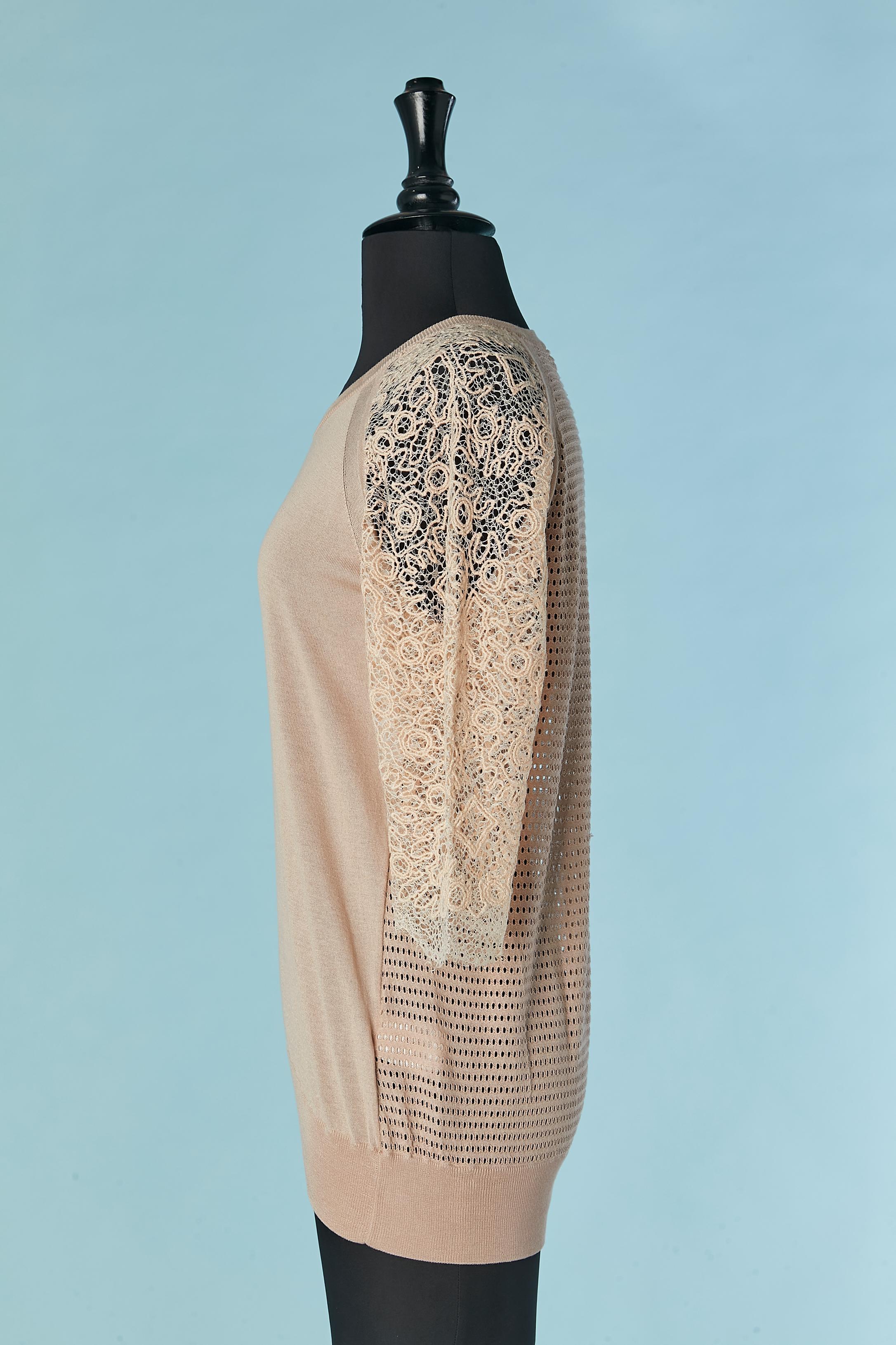 Pale pink thin knit and lace tee-shirt CHLOE In Excellent Condition For Sale In Saint-Ouen-Sur-Seine, FR
