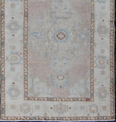 Vintage Turkish Oushak Runner, Wool, Pink & Teal Medallions, 1930