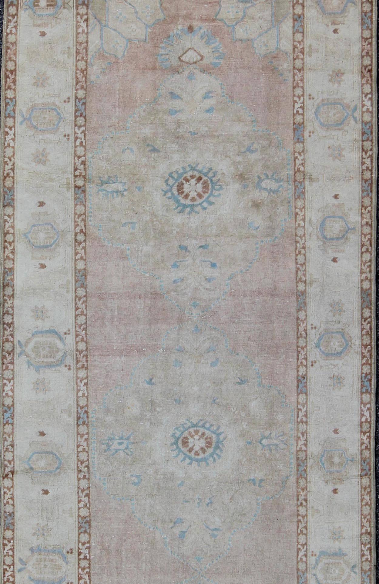 Hand-Knotted Pale Pink, Light Blue and Ivory Vintage Turkish Oushak Runner For Sale