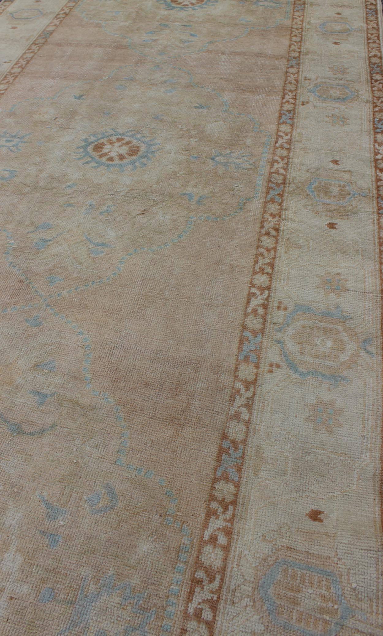 Pale Pink, Light Blue and Ivory Vintage Turkish Oushak Runner In Excellent Condition For Sale In Atlanta, GA