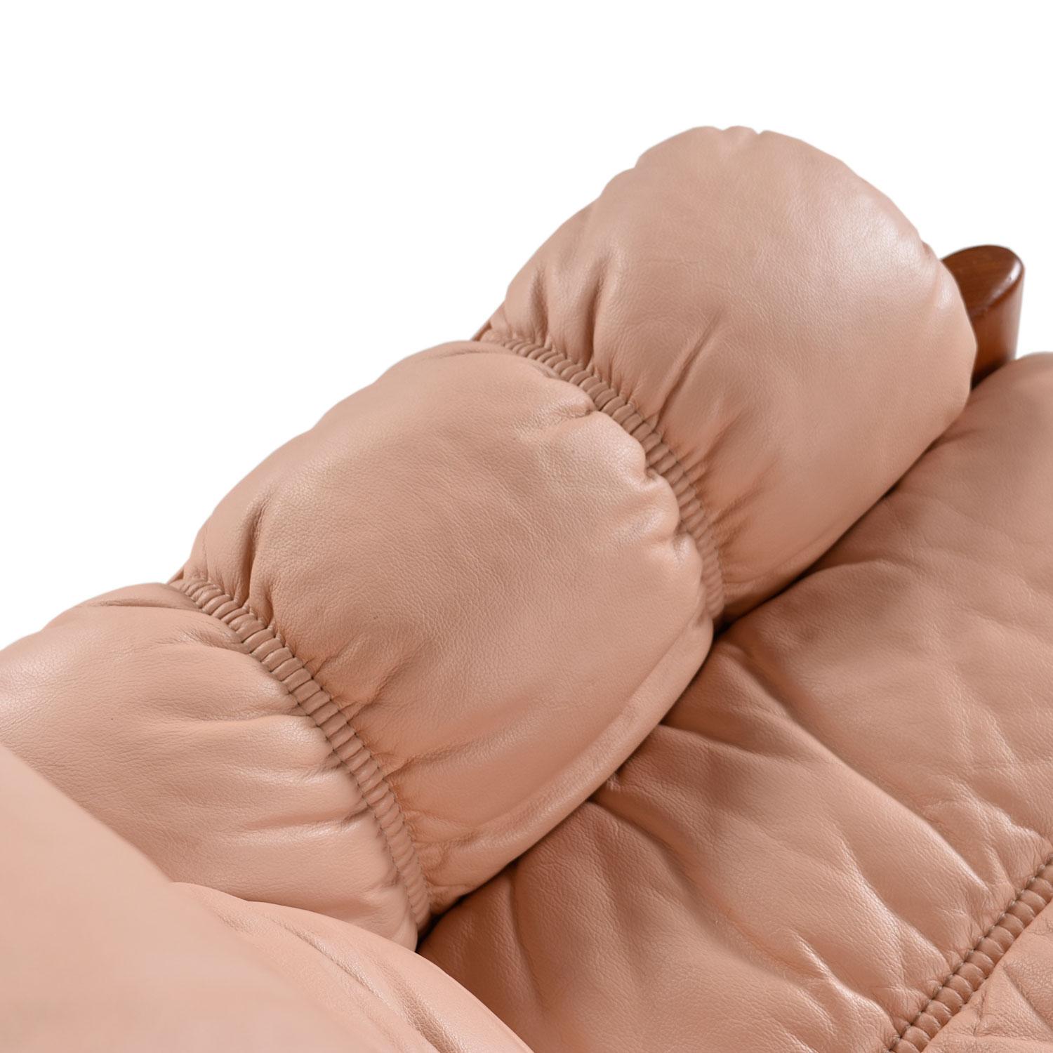 Mid-Century Modern Stressless Ekornes Montana Solid Teak Loveseat Sofa in Pale Rose Leather
