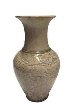 Pale Sage Color Geometric Design Wide Mouth Vase, China, Contemporary