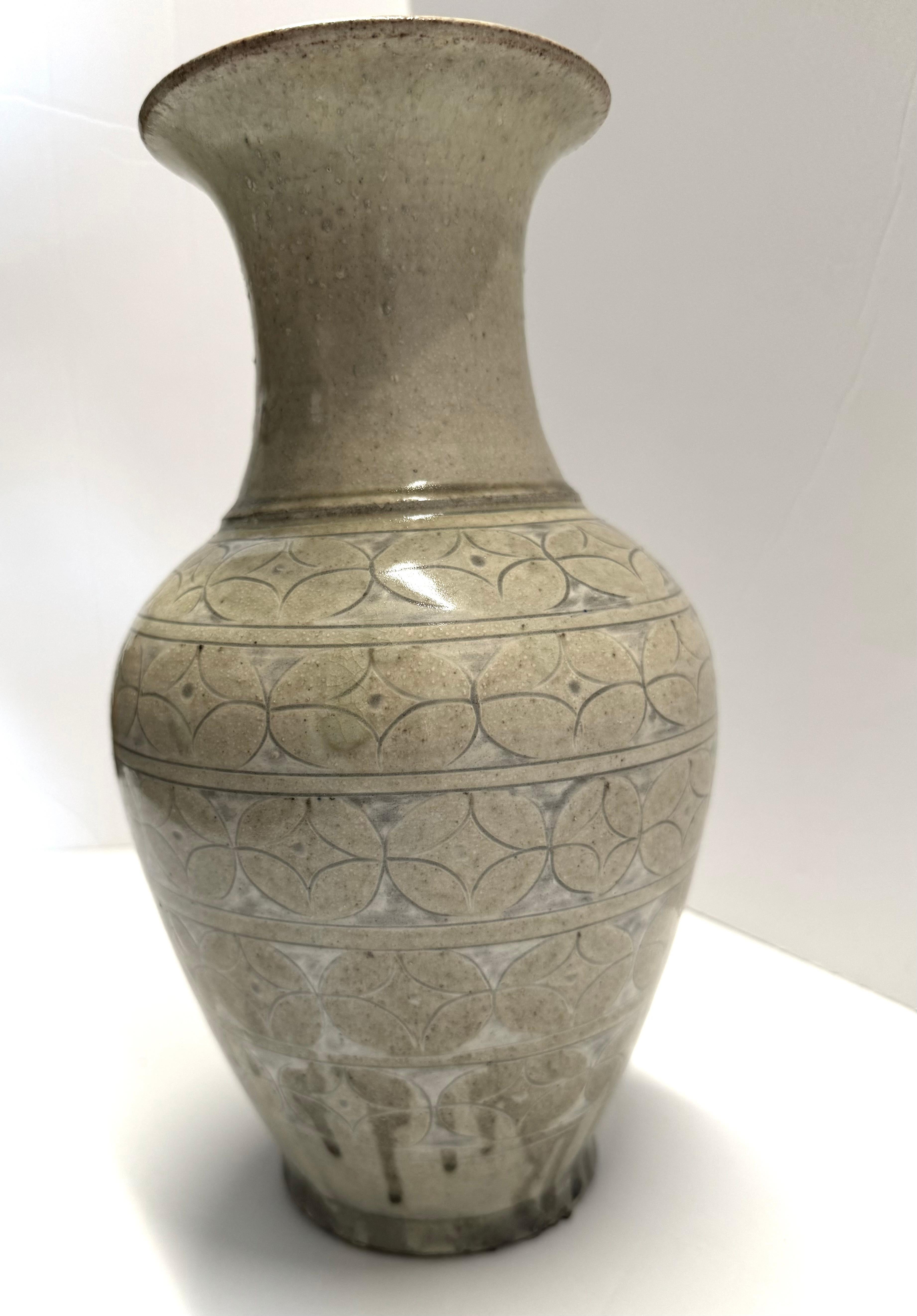 Chinois Vase à large ouverture, couleur Sage pâle, design géométrique, Chine, contemporain en vente