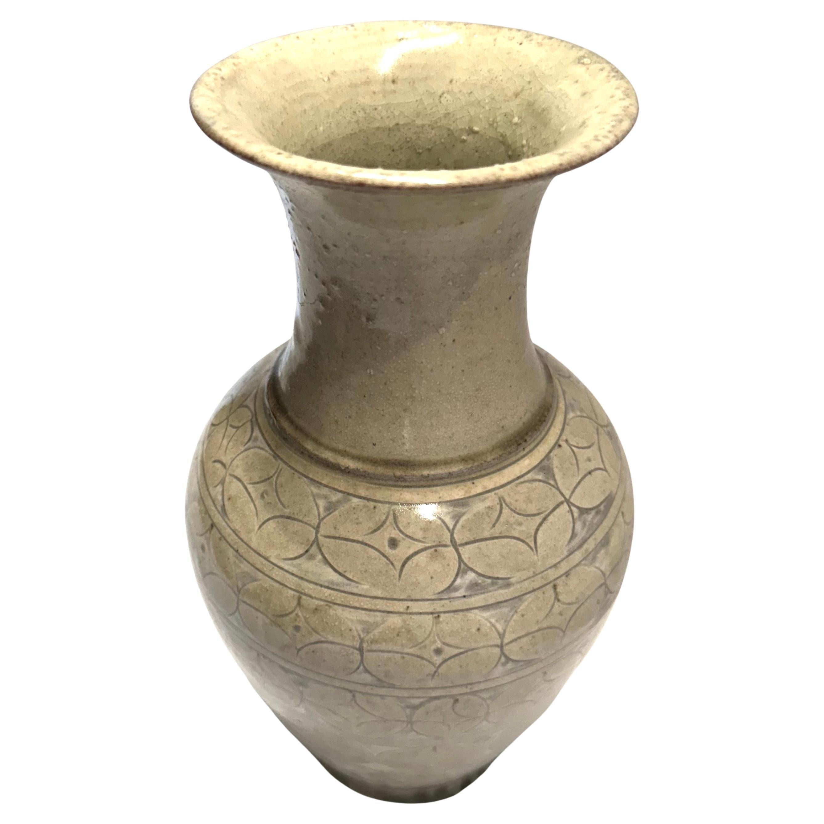 Pale Sage Color Geometric Design Wide Mouth Vase, China, Contemporary