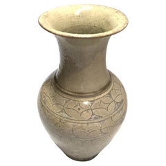 Pale Sage Color Geometric Design Wide Mouth Vase, China, Contemporary