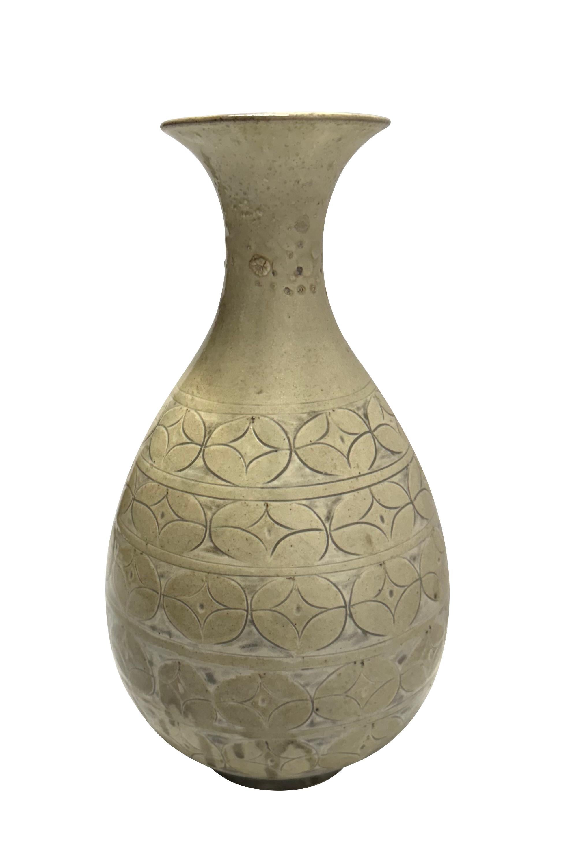Contemporary Chinese vase with geometric pattern design.
Squat shape with tulip neck opening.
Pale sage color with grey accents glaze.
Part of a large collection.