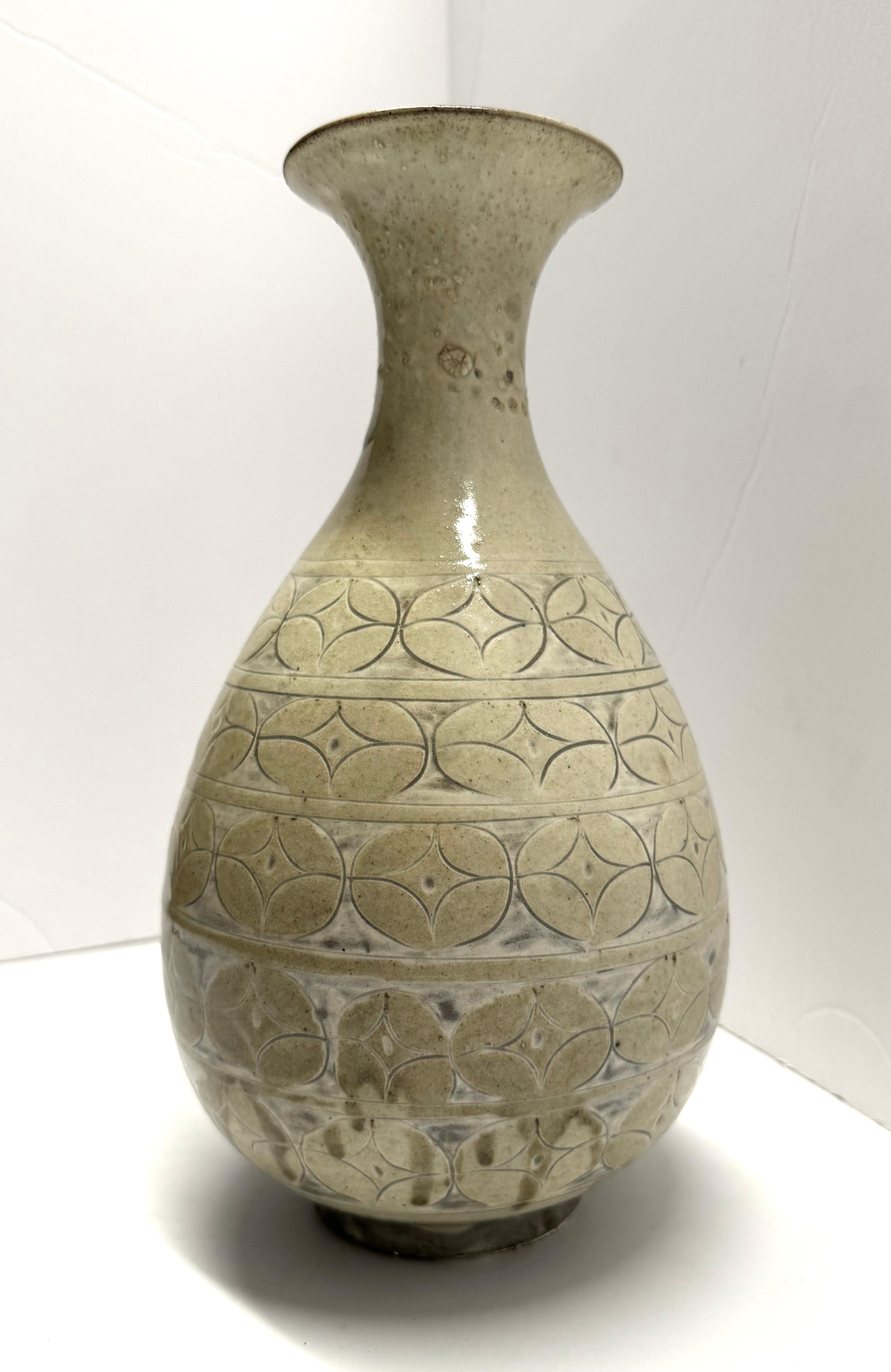 Chinese Pale Sage Geometric Pattern Squat Shape Tulip Neck Vase, China, Contemporary For Sale