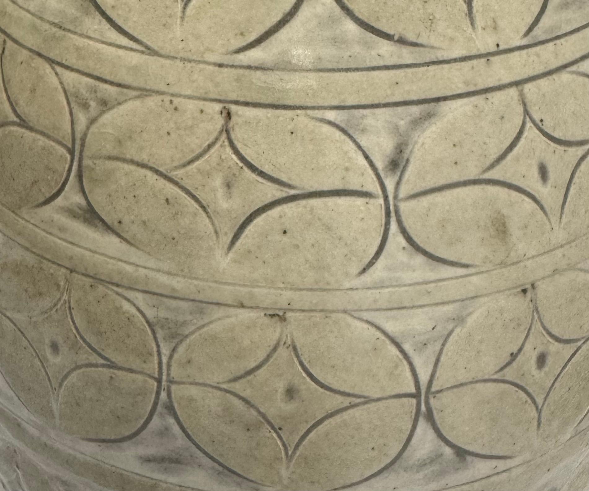 Pale Sage Geometric Pattern Squat Shape Tulip Neck Vase, China, Contemporary In New Condition For Sale In New York, NY
