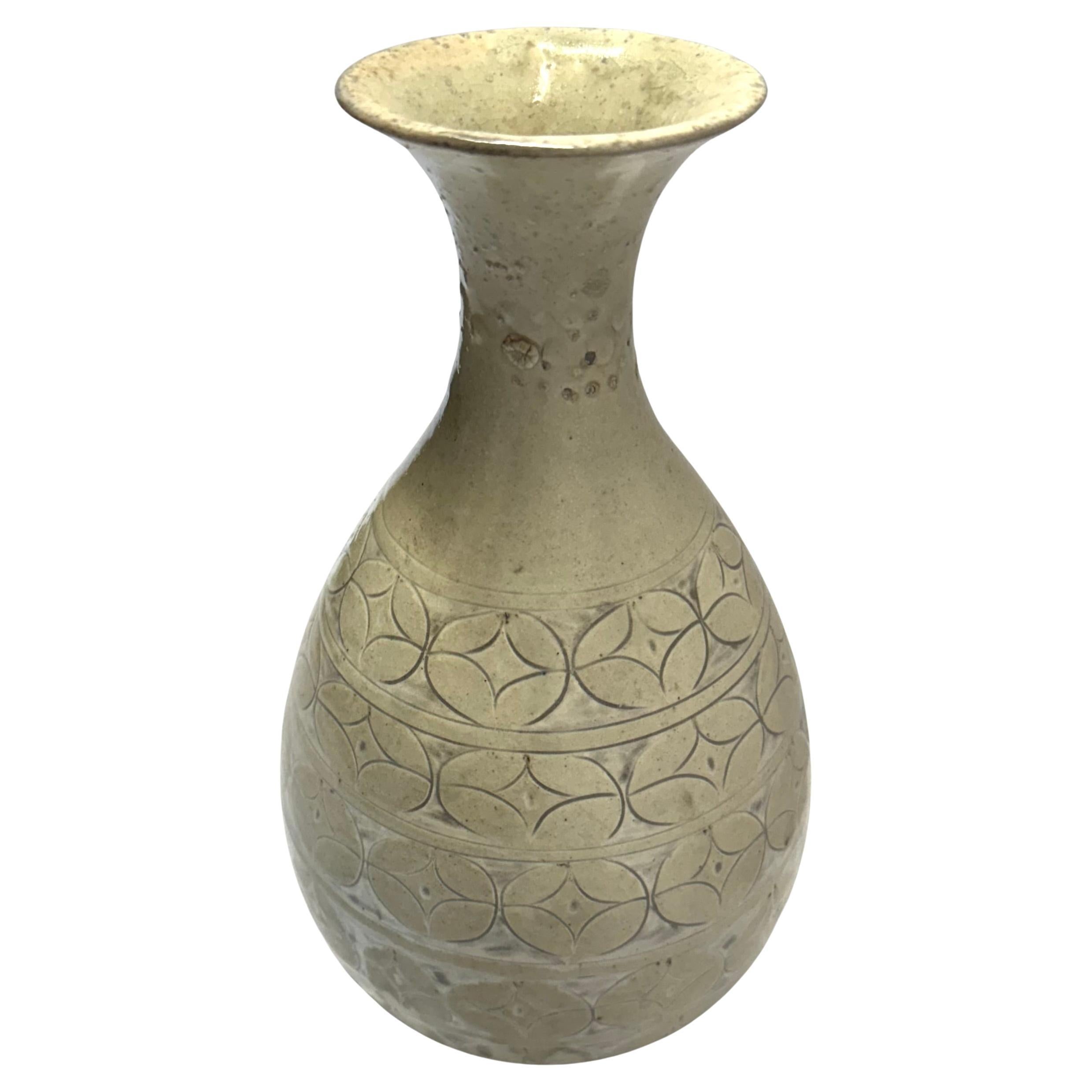 Pale Sage Geometric Pattern Squat Shape Tulip Neck Vase, China, Contemporary