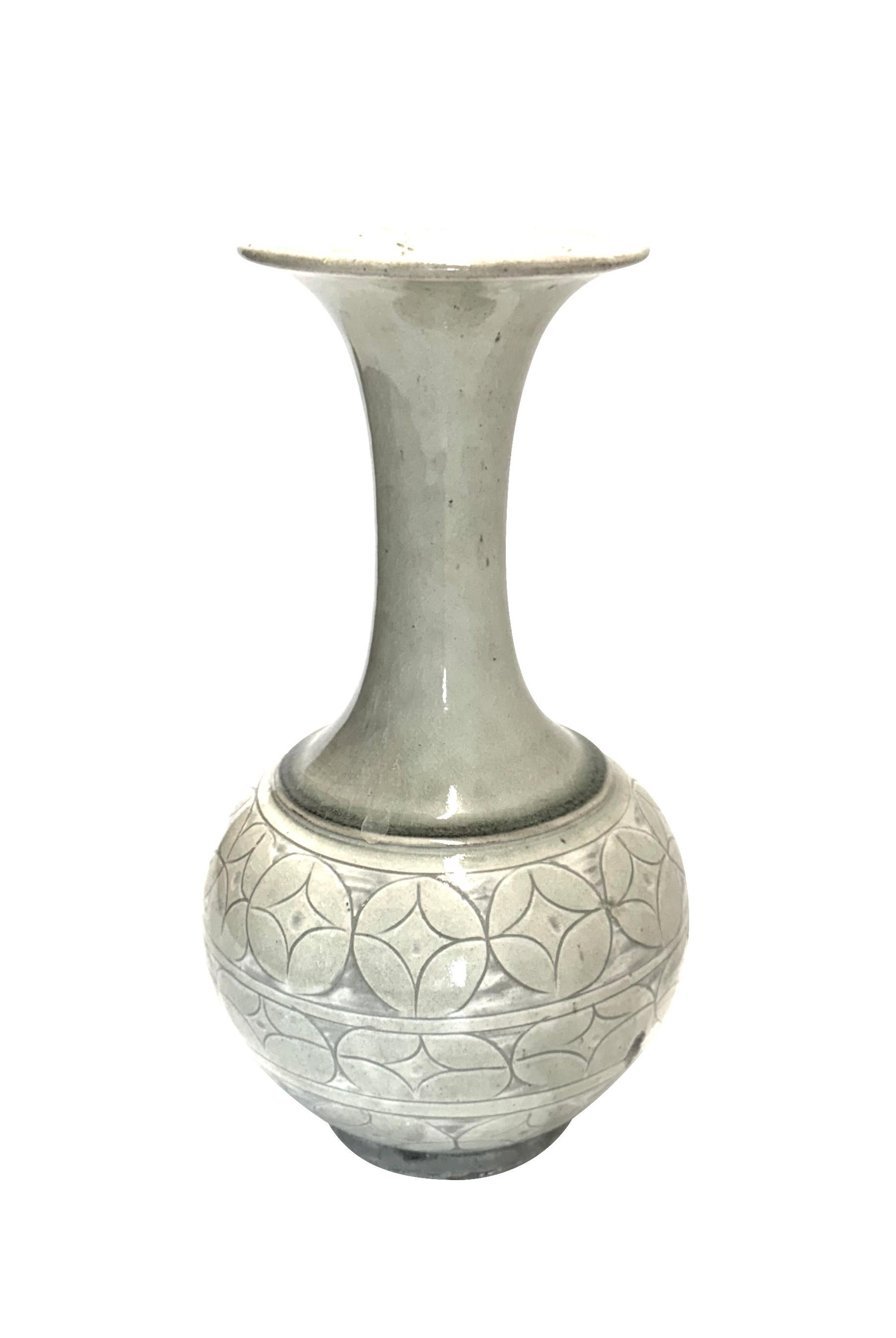 Contemporary Chinese vase with overall geometric pattern design at the base.
Tall tulip shaped neck with wide opening.
Pale sage color.
Two available and sold individually.
Part of a large collection.