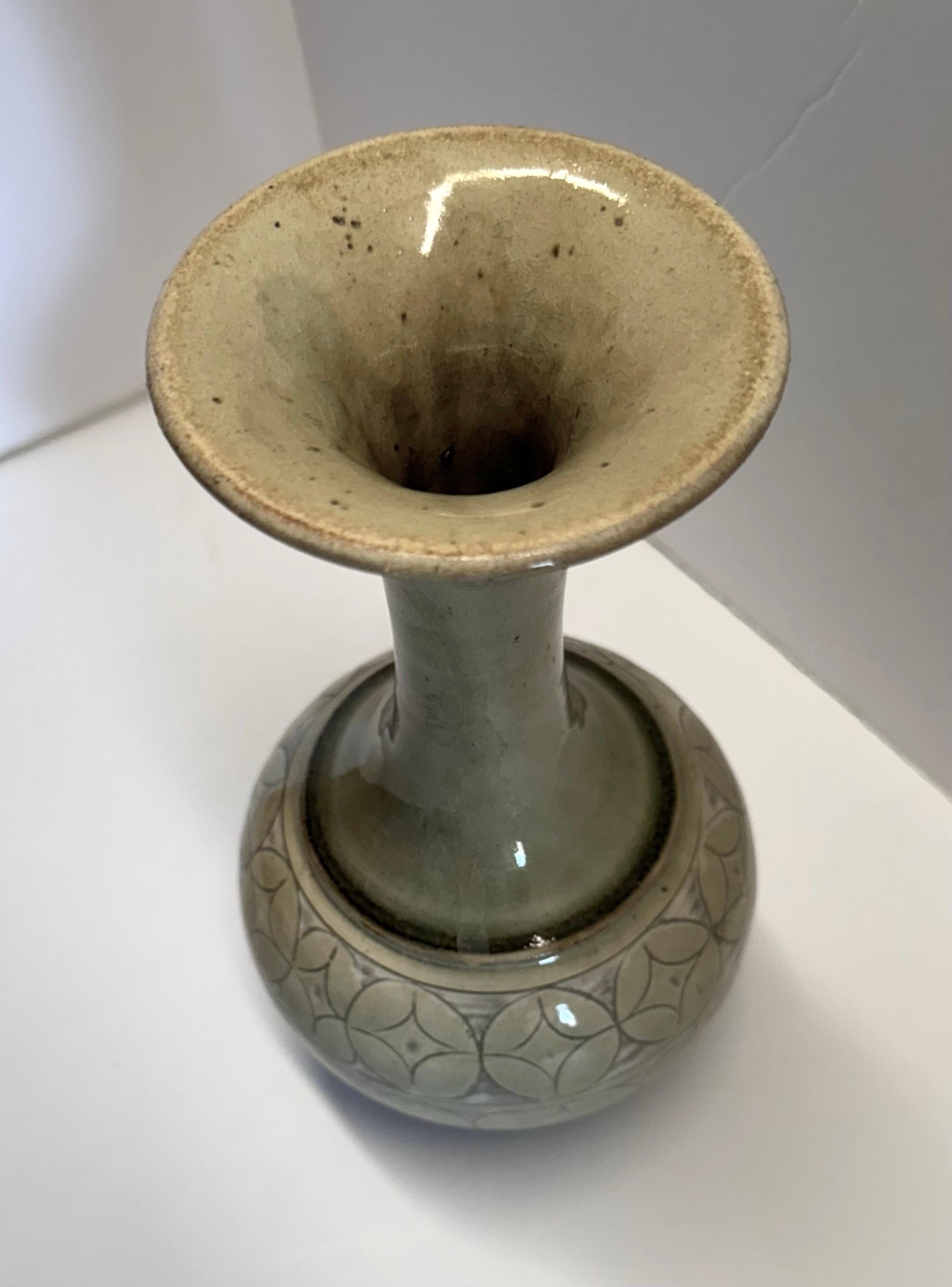 Chinese Pale Sage Glaze Geometric Pattern Design Tulip Shape Vase, China, Contemporary For Sale