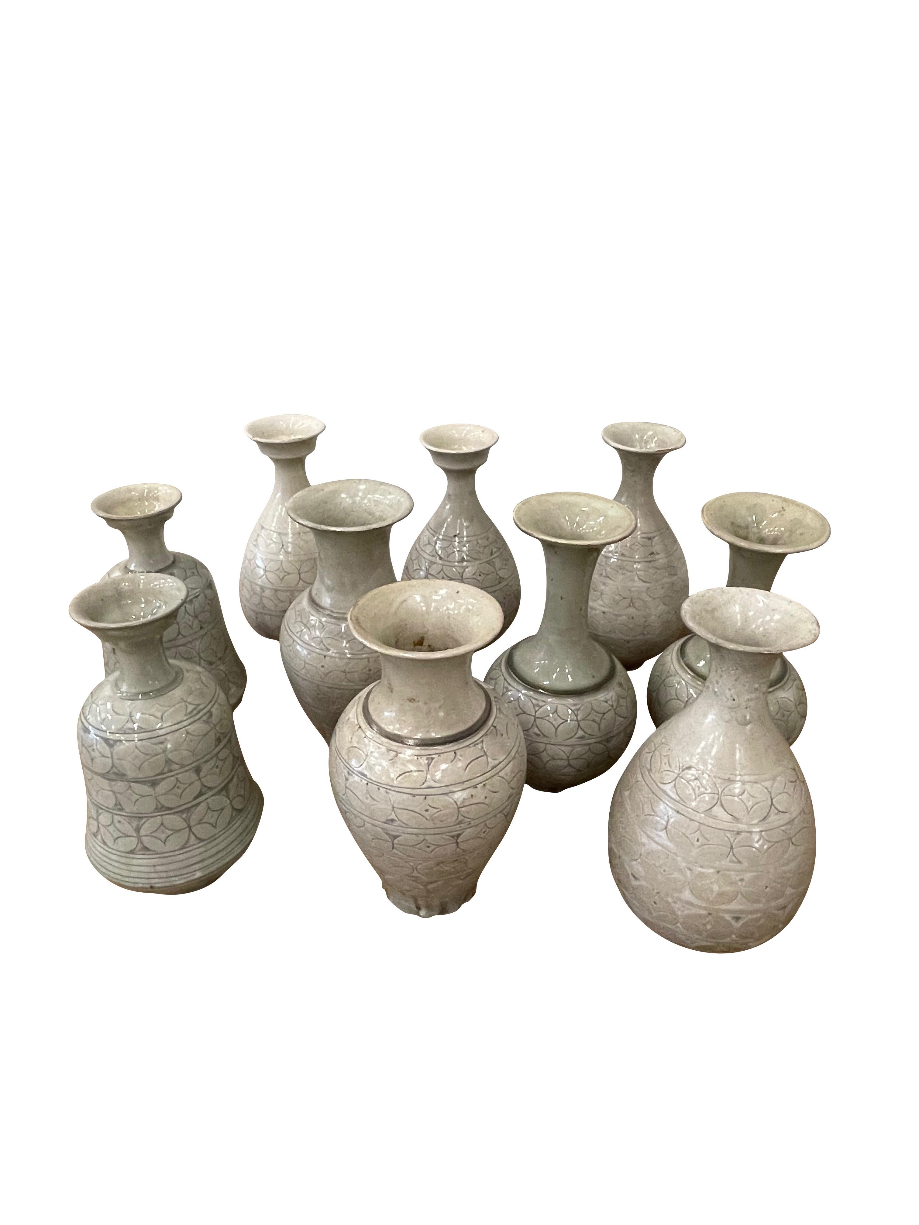 Ceramic Pale Sage Glaze Geometric Pattern Design Tulip Shape Vase, China, Contemporary For Sale