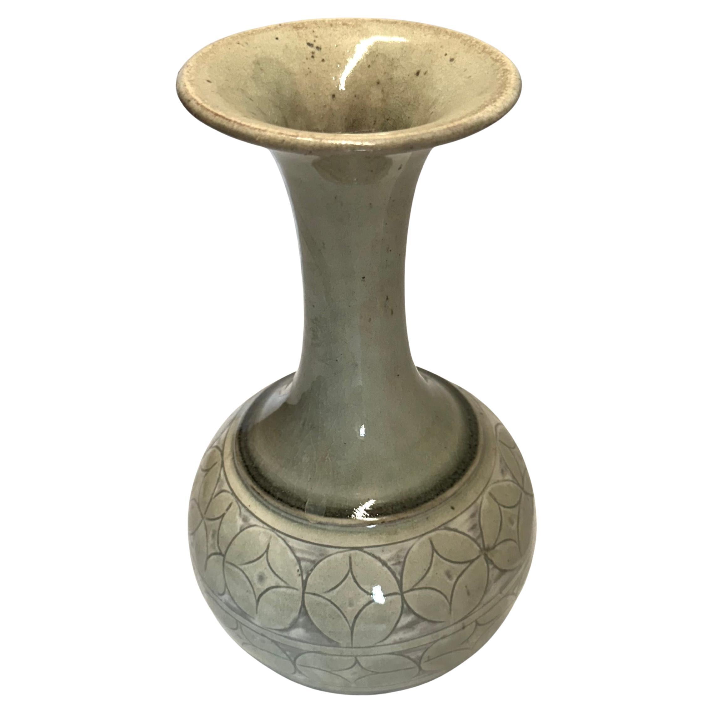 Pale Sage Glaze Geometric Pattern Design Tulip Shape Vase, China, Contemporary For Sale