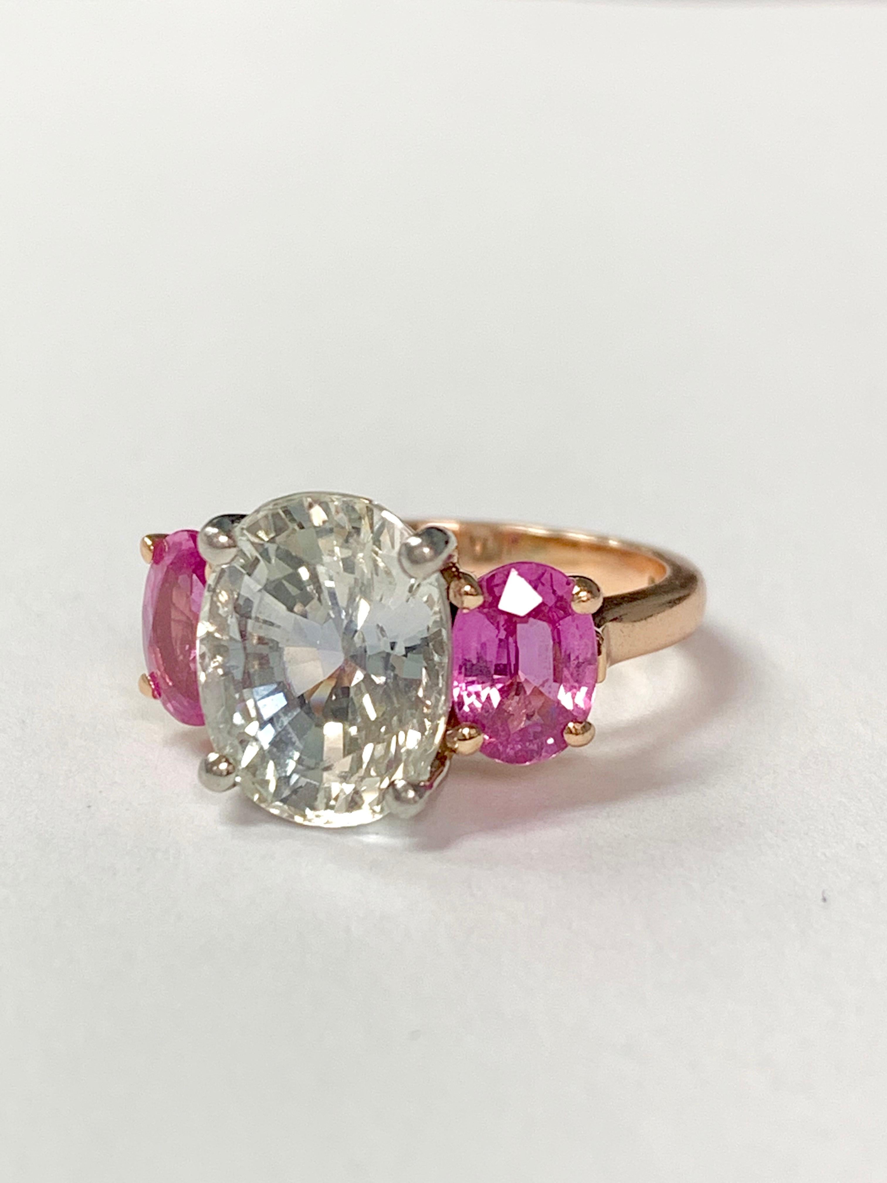 Pale sapphire and pink sapphire ring handmade in 14k and platinum. 
The details are as follows : 
Pale sapphire weight : 8.5 carat 
Pink sapphire weight : 2.5 carat 
Metal : 14K and platinum 



