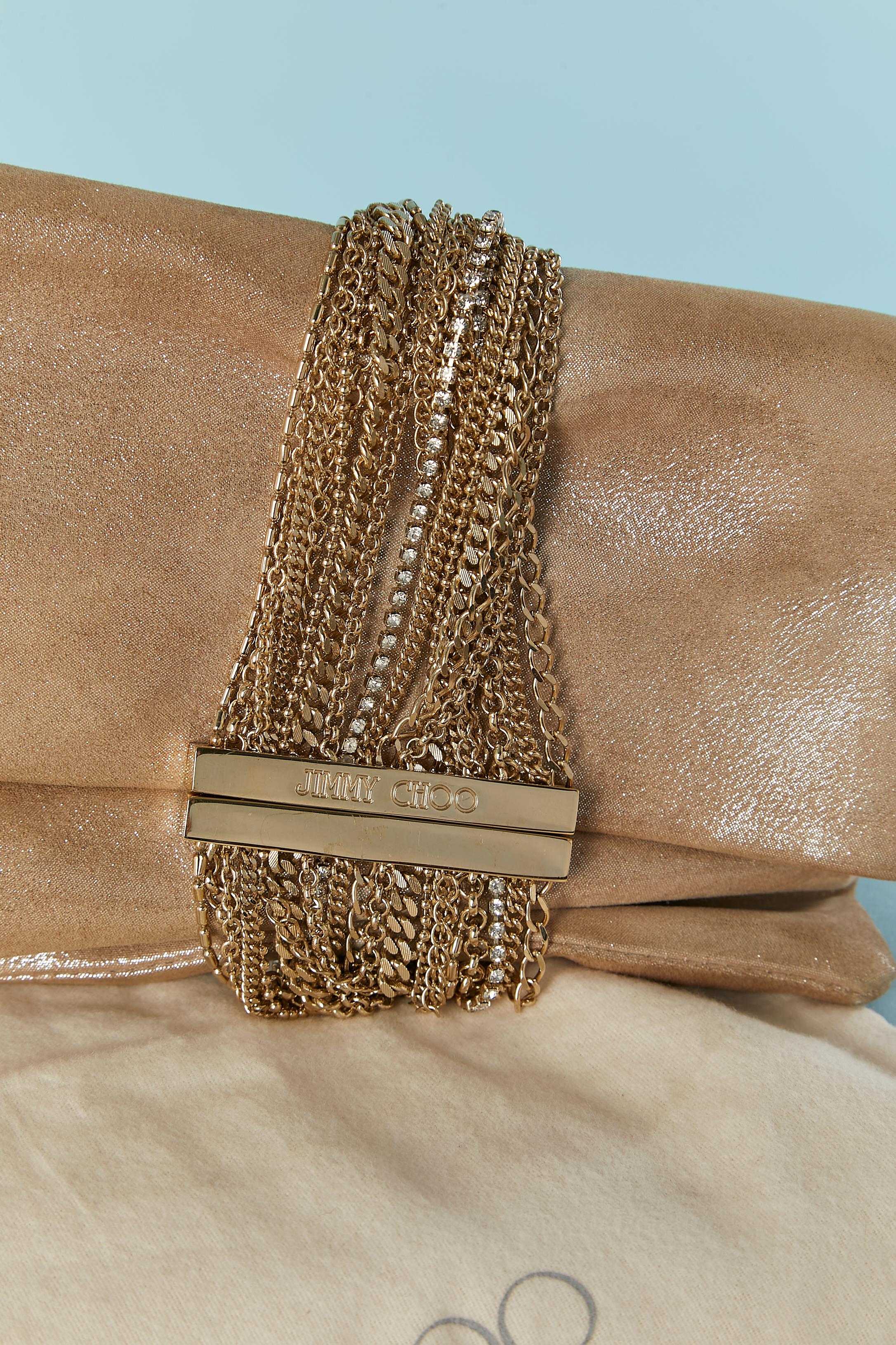 Brown Pale shinny gold clutch with gold metal chain and rhinestone Jimmy Choo For Sale